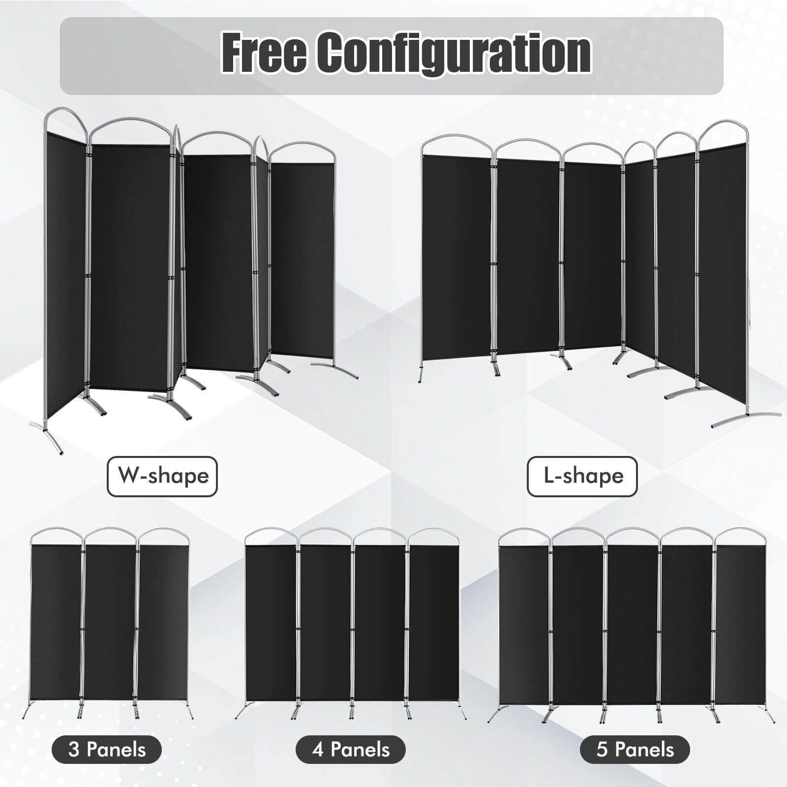 SUGIFT Black 6-Panel 131-in Wide 74-in Tall Freestanding Folding Room Divider Screen with Curved Base