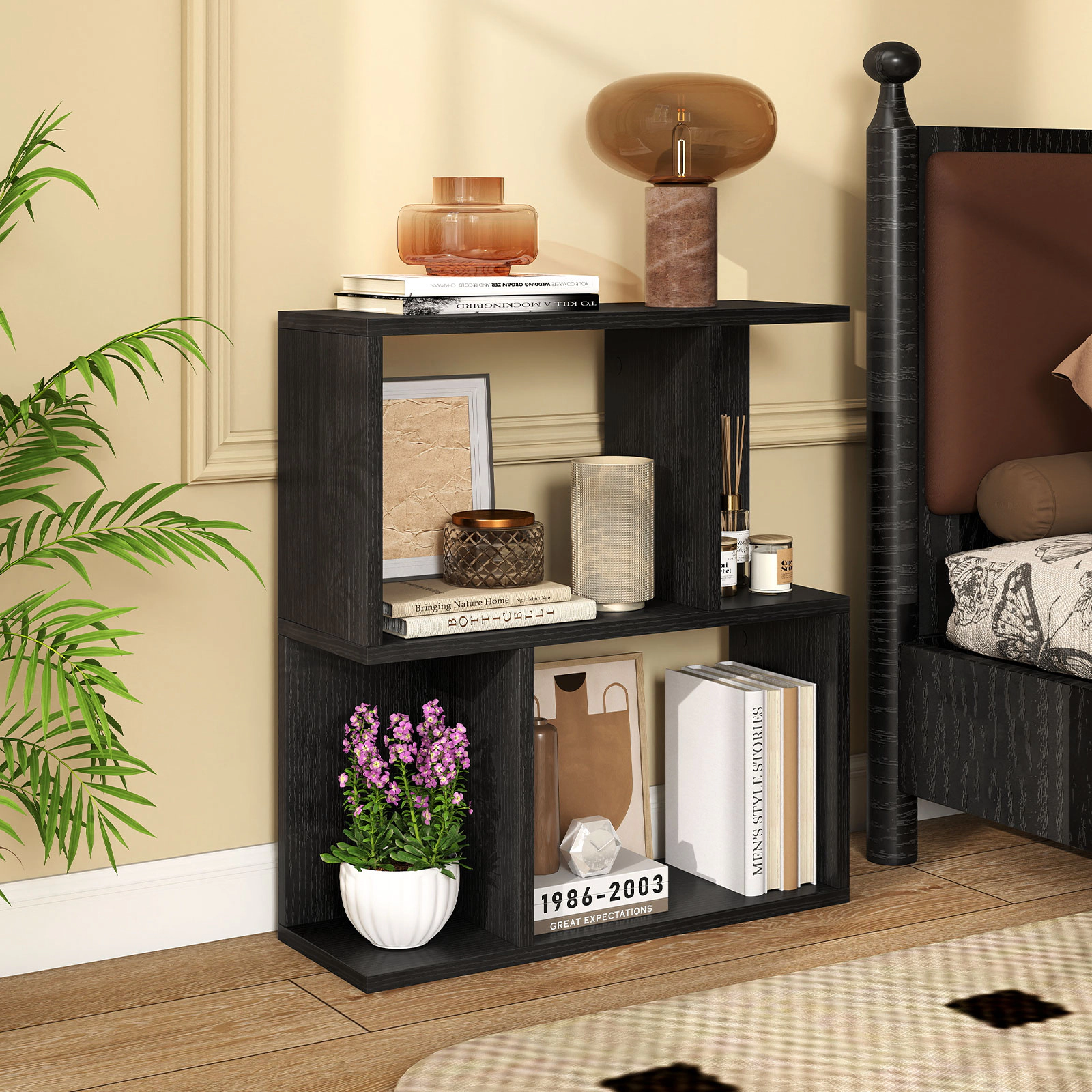 SUGIFT 3-Tier Engineered Wood Bookshelf with Display Shelf 100-lb Top Capacity Small Space Black