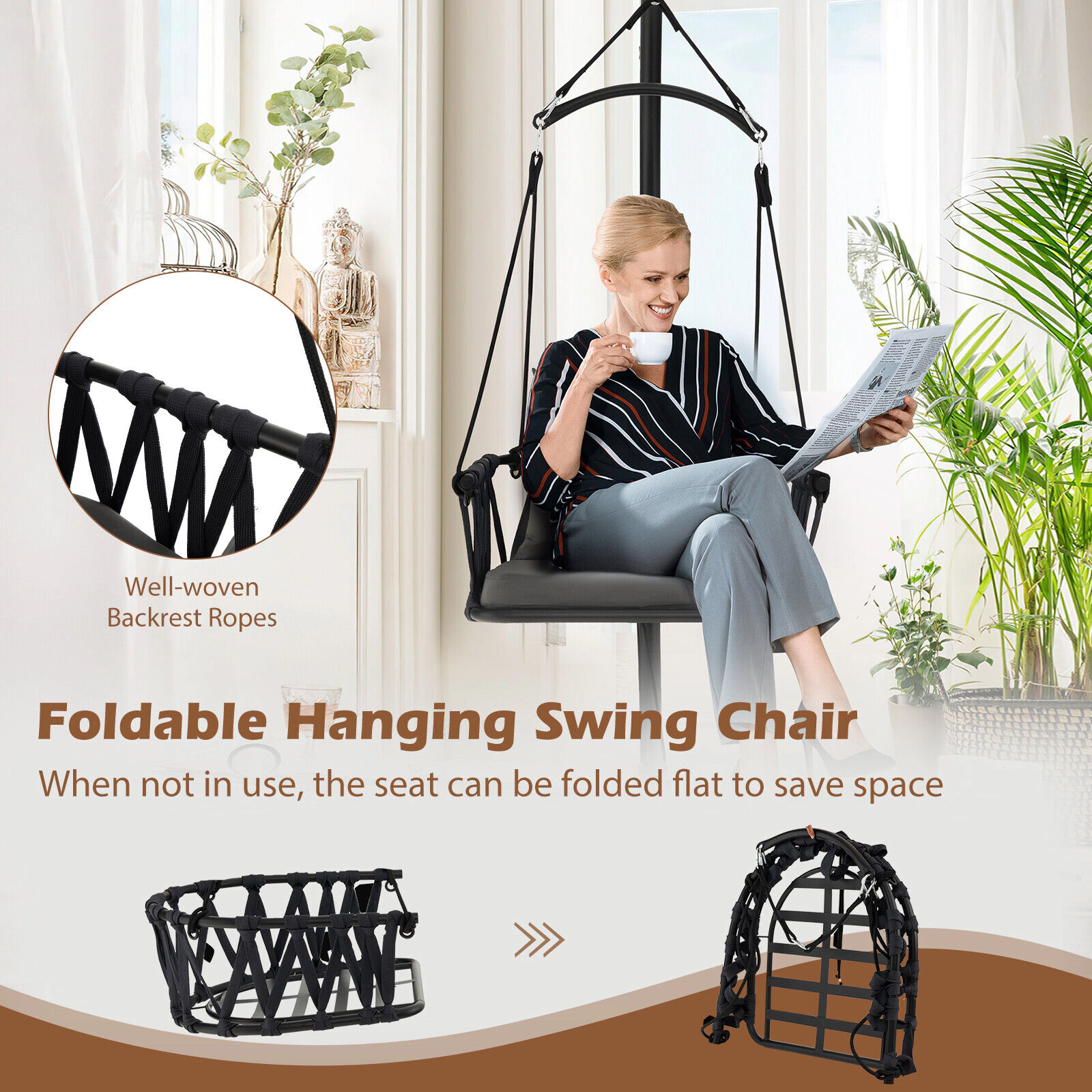 SUGIFT Gray Hanging Swing Chair with Stand and Padded Cushions 42-in W 39.5-in D 77.5-in H 330-lb Seat Capacity