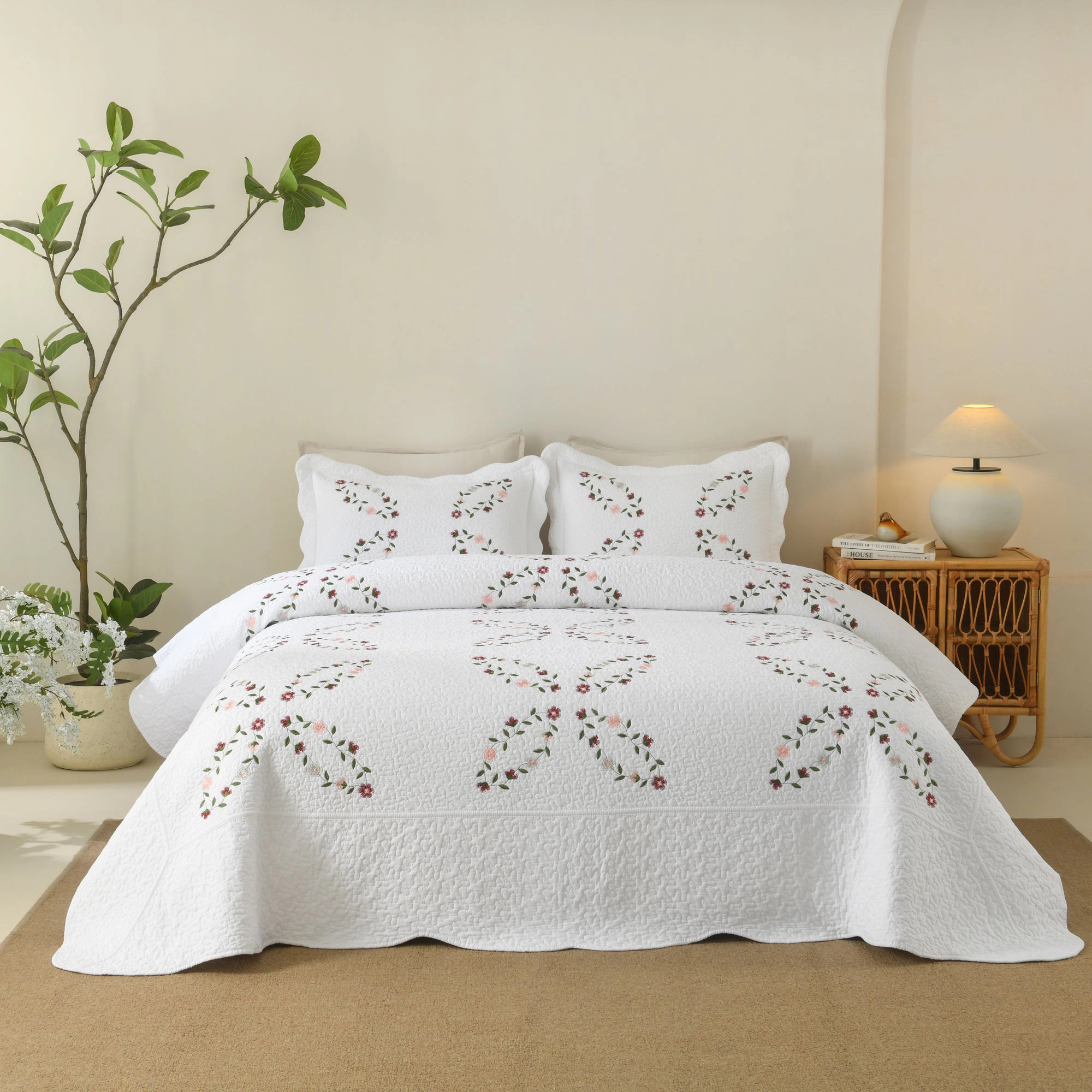 MarCielo 3 Pieces Cotton Floral Vine Embroidered Cottage Quilt Bedspread Set