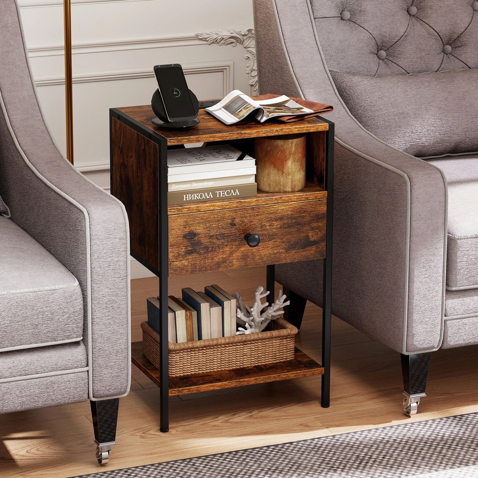 SUGIFT 25.5-In Rustic Brown Nightstand with Charging Station