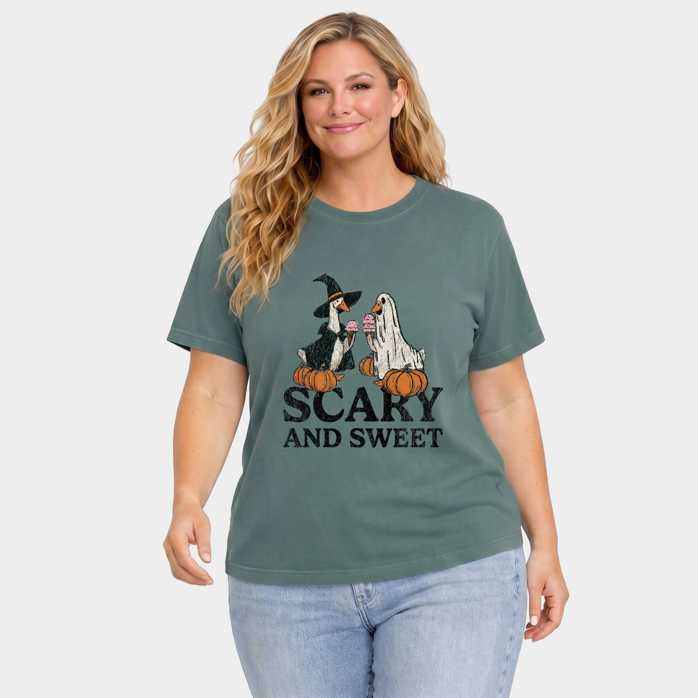 Simply Sage Market - Women's Plus Sized Garment Dyed Graphic T-Shirt Scary and Sweet Geese