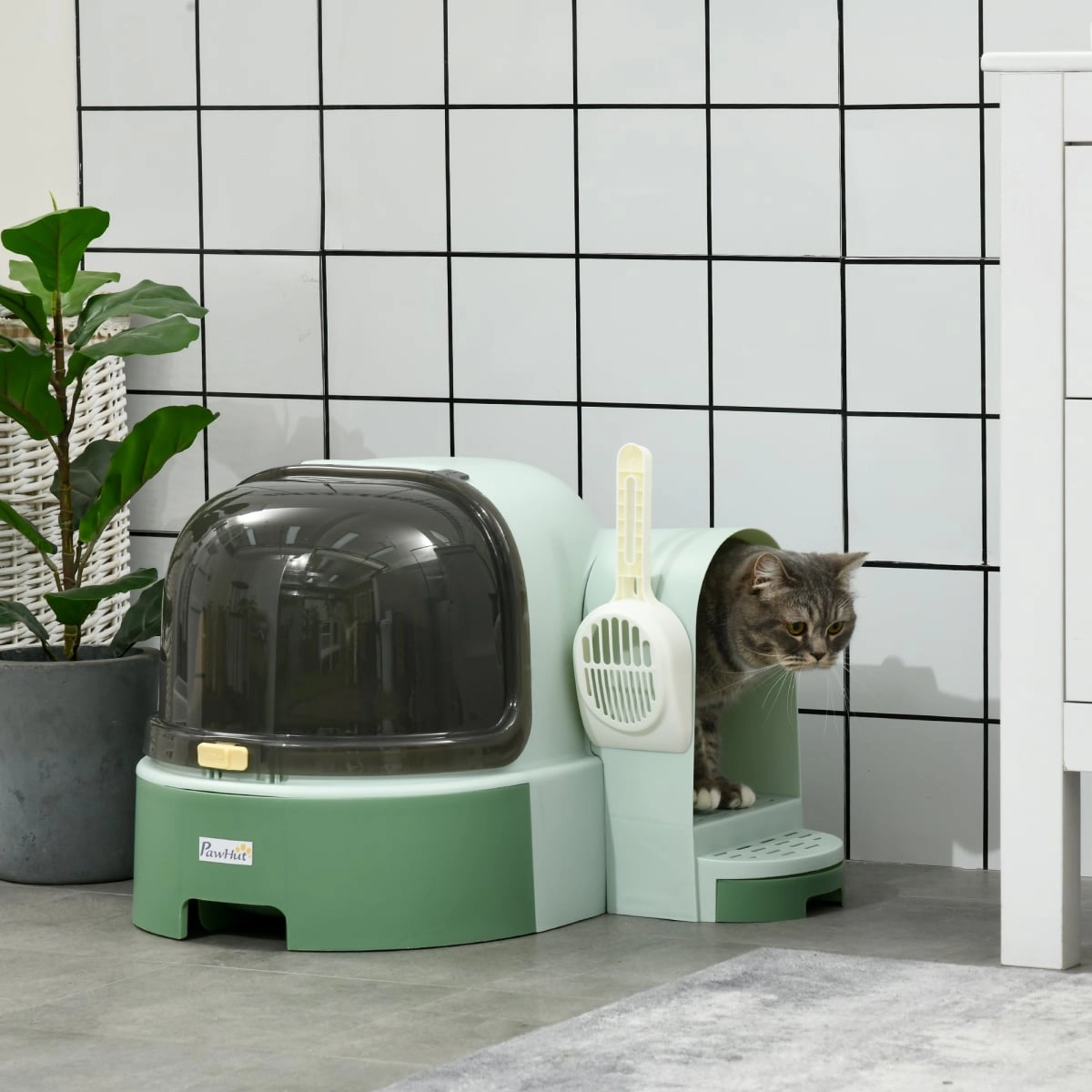212 Main PawHut Covered Cat Litter Box with Lid, Easy-Clean Openable Front Cover & Litter Scoop, Green