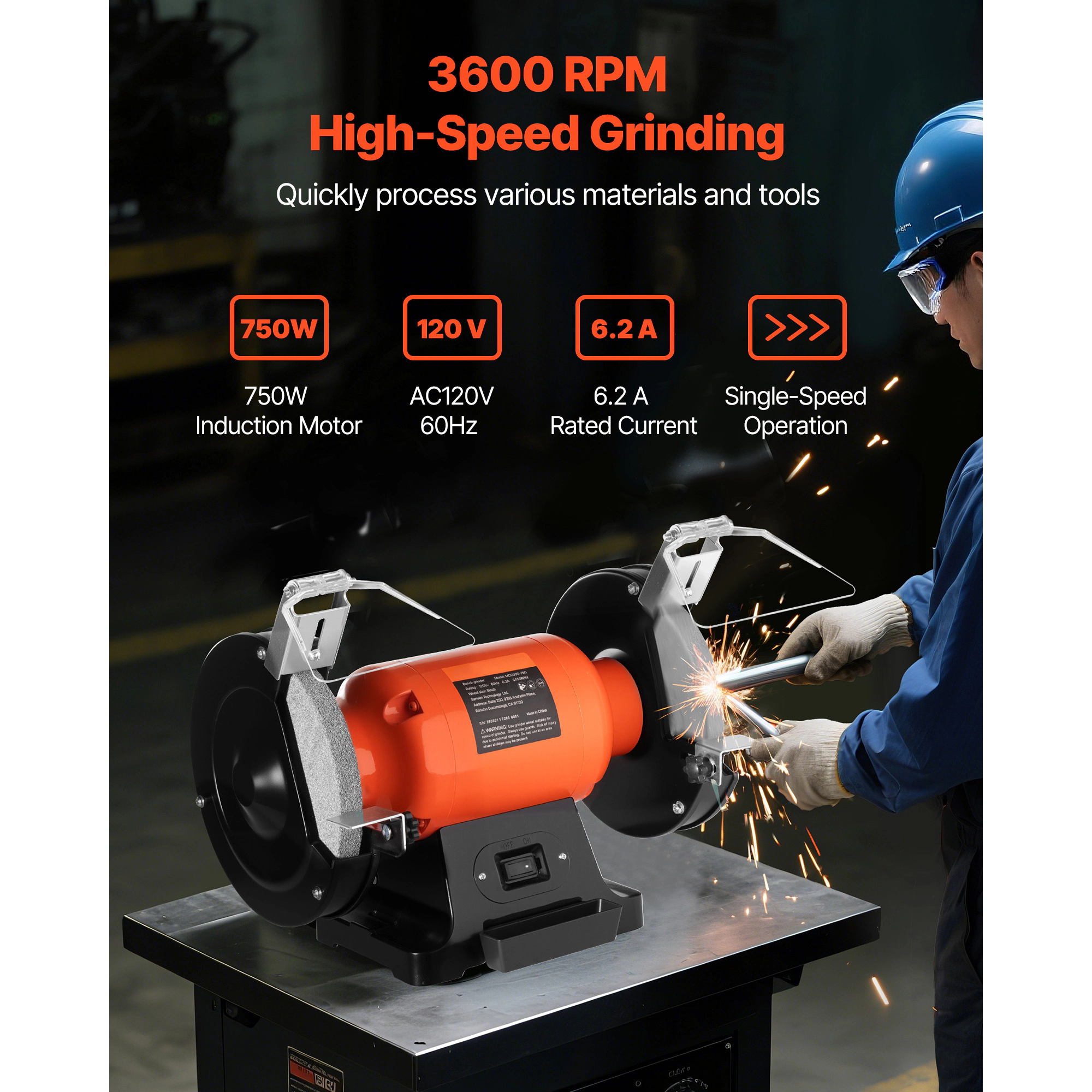 HONGGE Bench Grinder Single Speed Bench Grinder 3450RPM High -Speed Table Grinders with Induction Motor 36/60-Grit