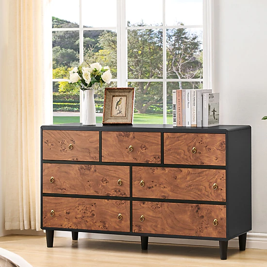 BebreezChic 6 Drawer Wide Dresser 47"L ×14"W ×32"H Bedroom Storage Chest, Burl Wood & Black Finish