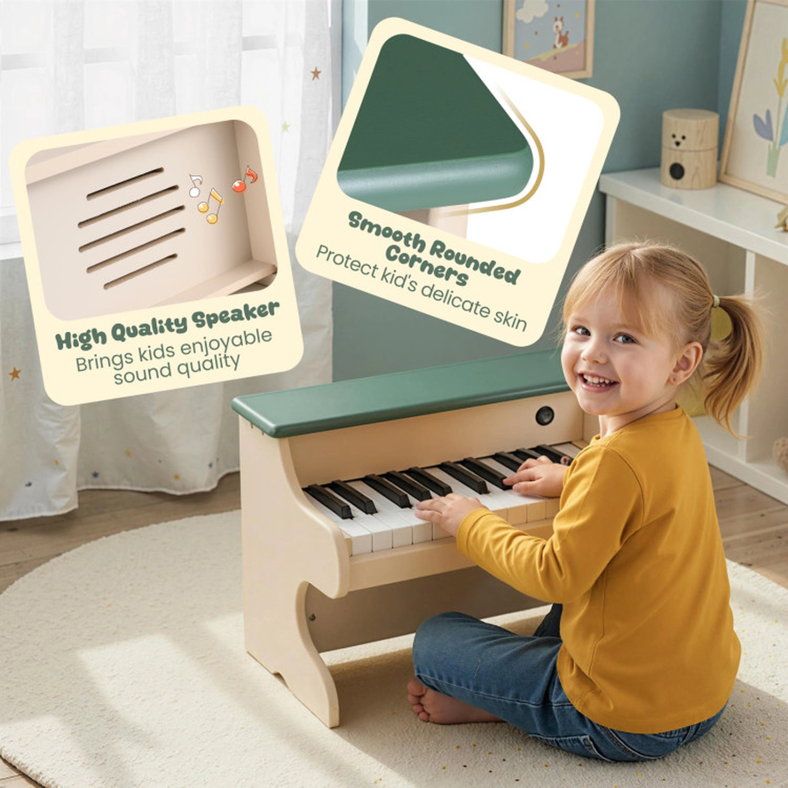 SUGIFT Green 25-Key Wooden Kids Digital Piano Toy with Widened Legs Rounded Corners and Removable Music Stand