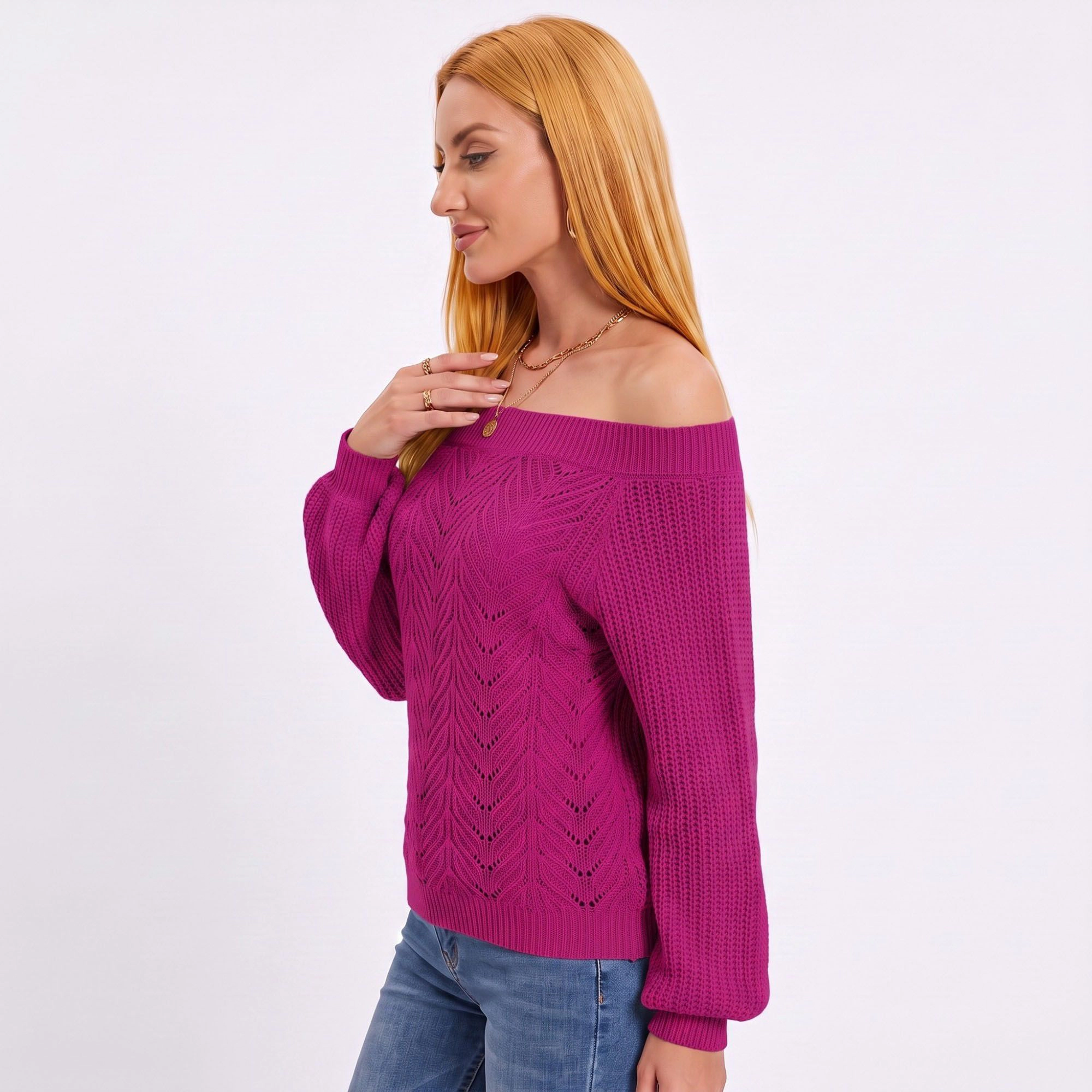 Anna-Kaci Women's Off Shoulder Pointelle Knit Long Sleeve Sweater