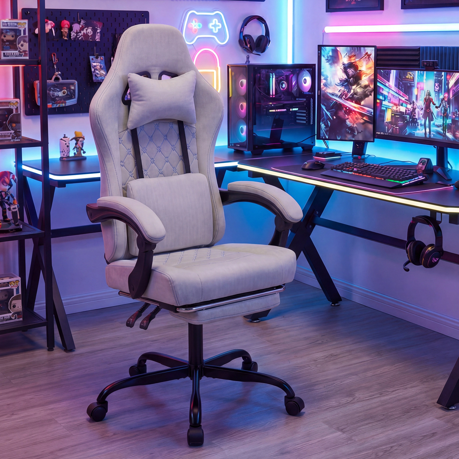 SUGIFT Gaming Chair Gray Height Adjustable Computer Chair with Headrest and Recline