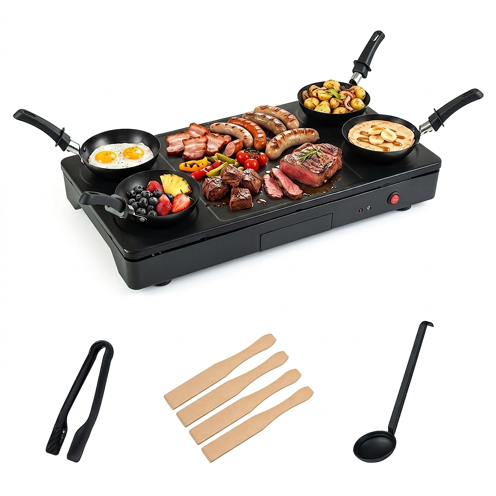 SUGIFT Black 1000W Electric Griddle Grill with 4 Nonstick Woks and Wooden Spatulas 20.5-in W 11-in D 3-in H