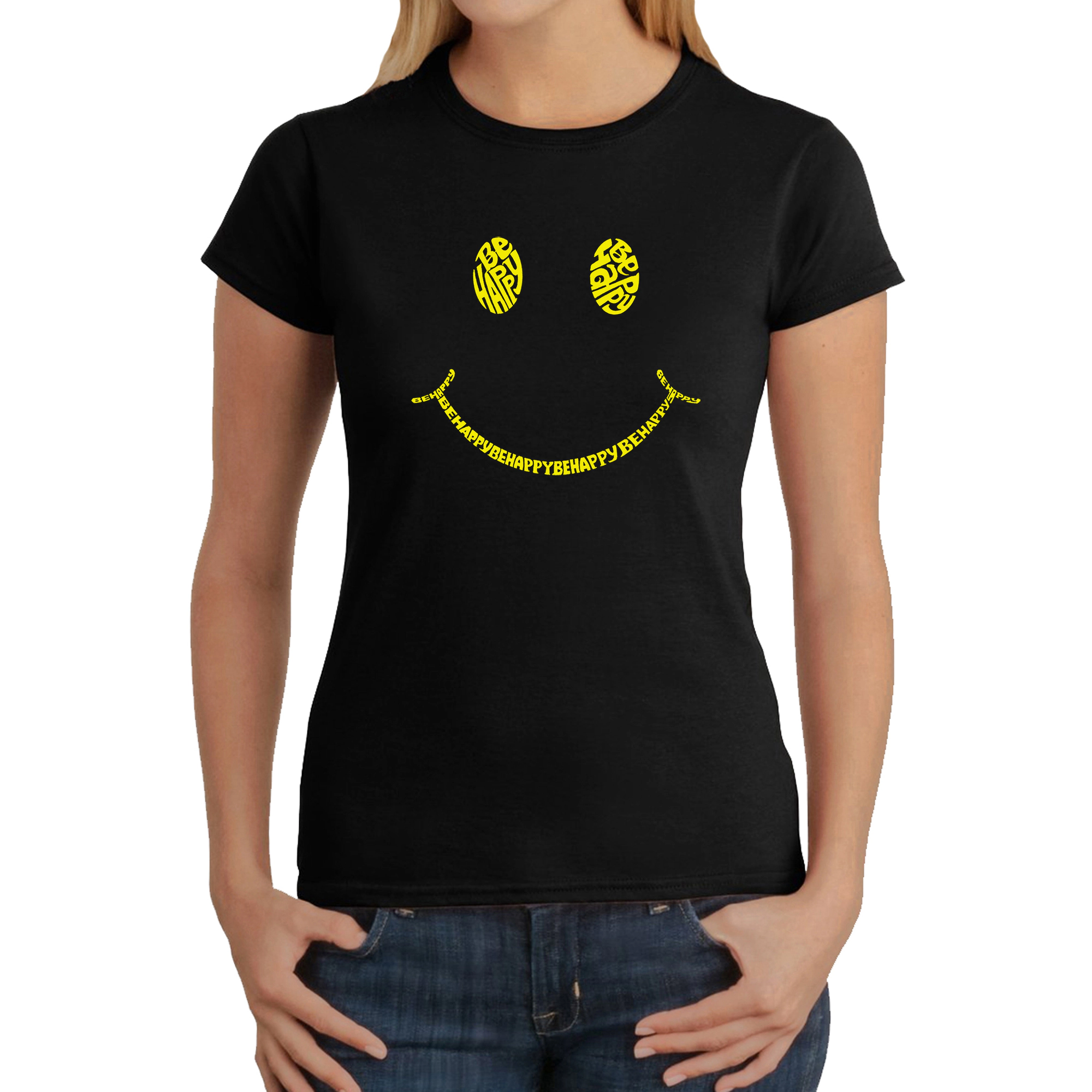 LA Pop Art Women's Word T-Shirt - Be Happy Smiley Face