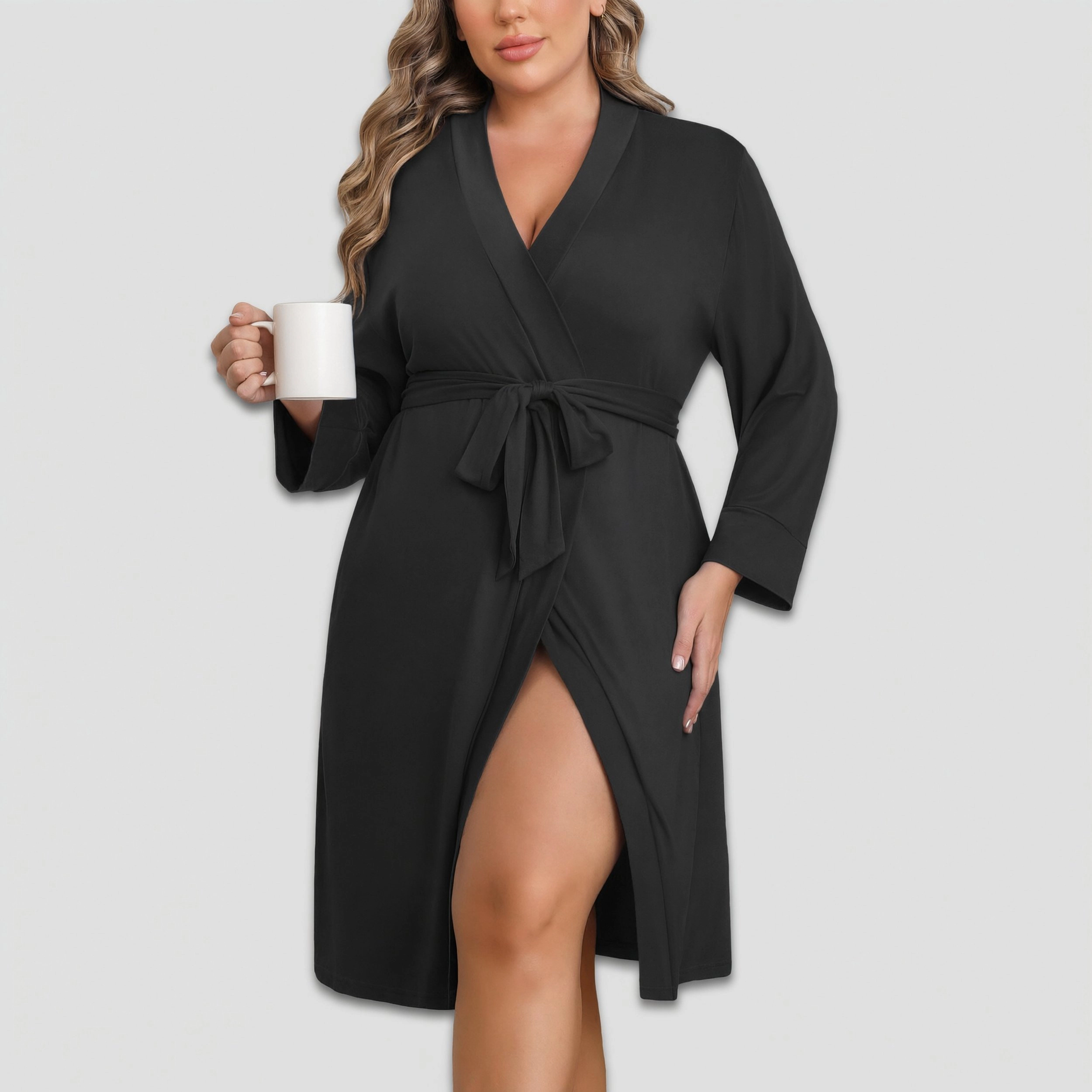 Ekouaer Women's V Neck Long Sleeve Tie Waist Kimono Robe