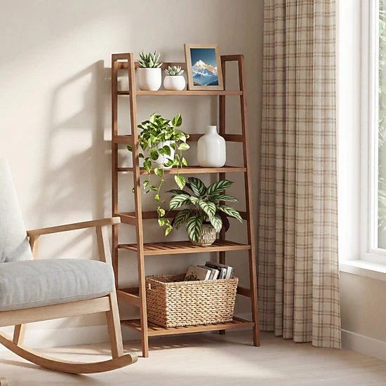 LJG 4-Tier Bamboo Plant Rack with Guardrails Stable and Space-Saving
