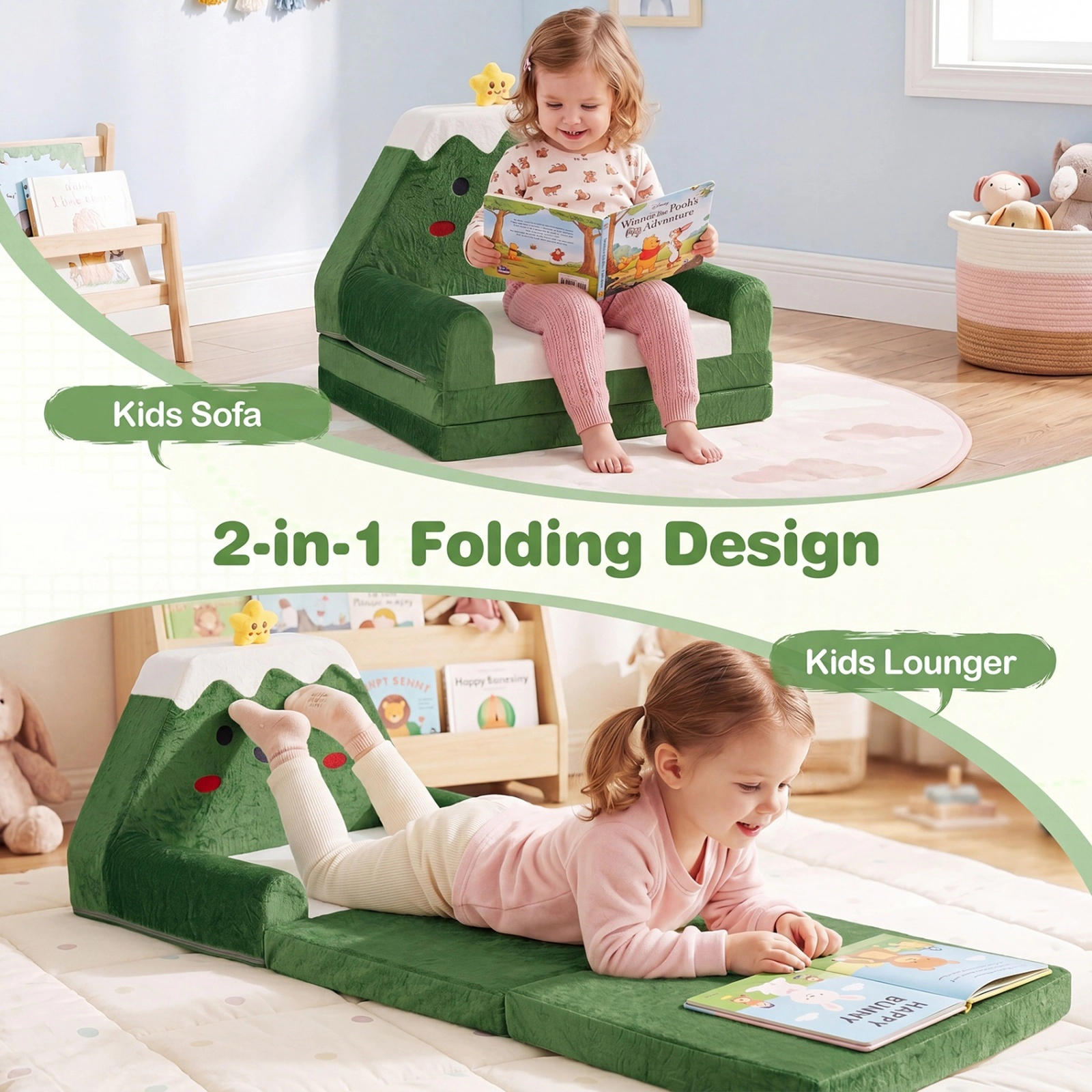 SUGIFT 2-in-1 Convertible Kids Sofa to Lounger Ages 18-36 Months Green Yellow White