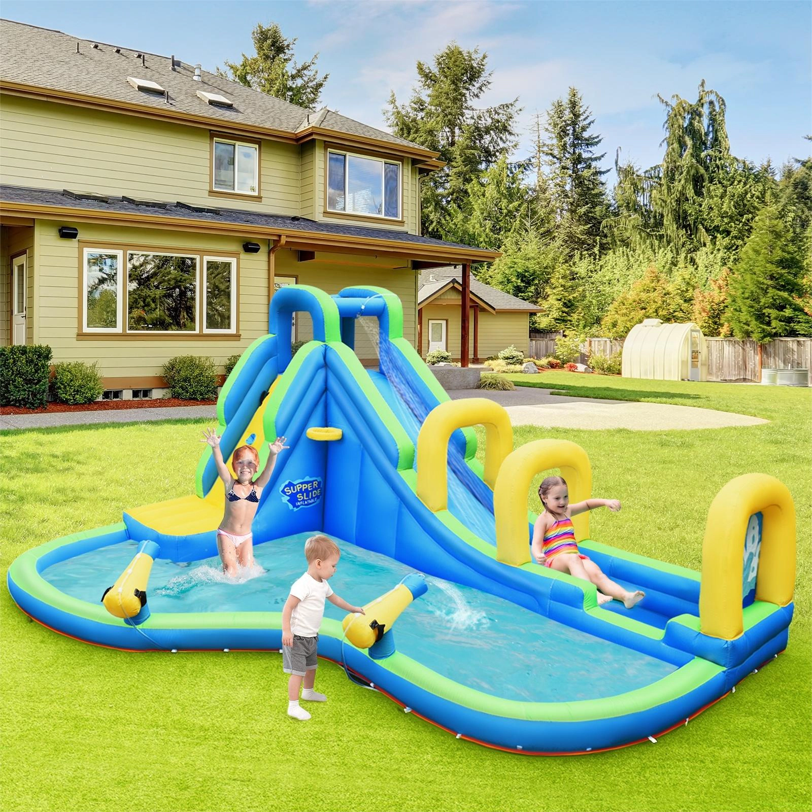 SUGIFT Water Cannons Climbing Wall and Hose No Blower Kids Inflatable Slide Bounce House