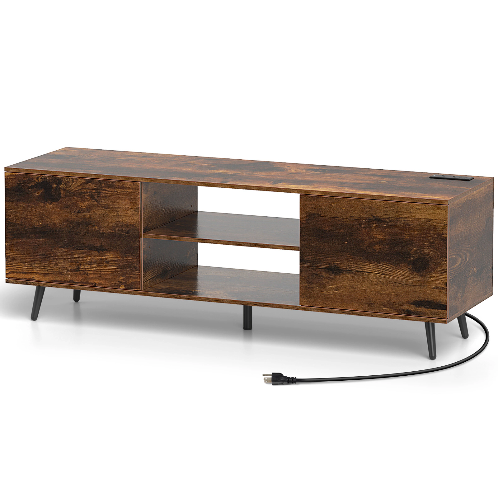 SUGIFT 53.5-in Wide TV Stand Power Outlets & Adjustable Shelf 155-lb Tabletop Capacity for 60-in TVs Rustic Brown/Black