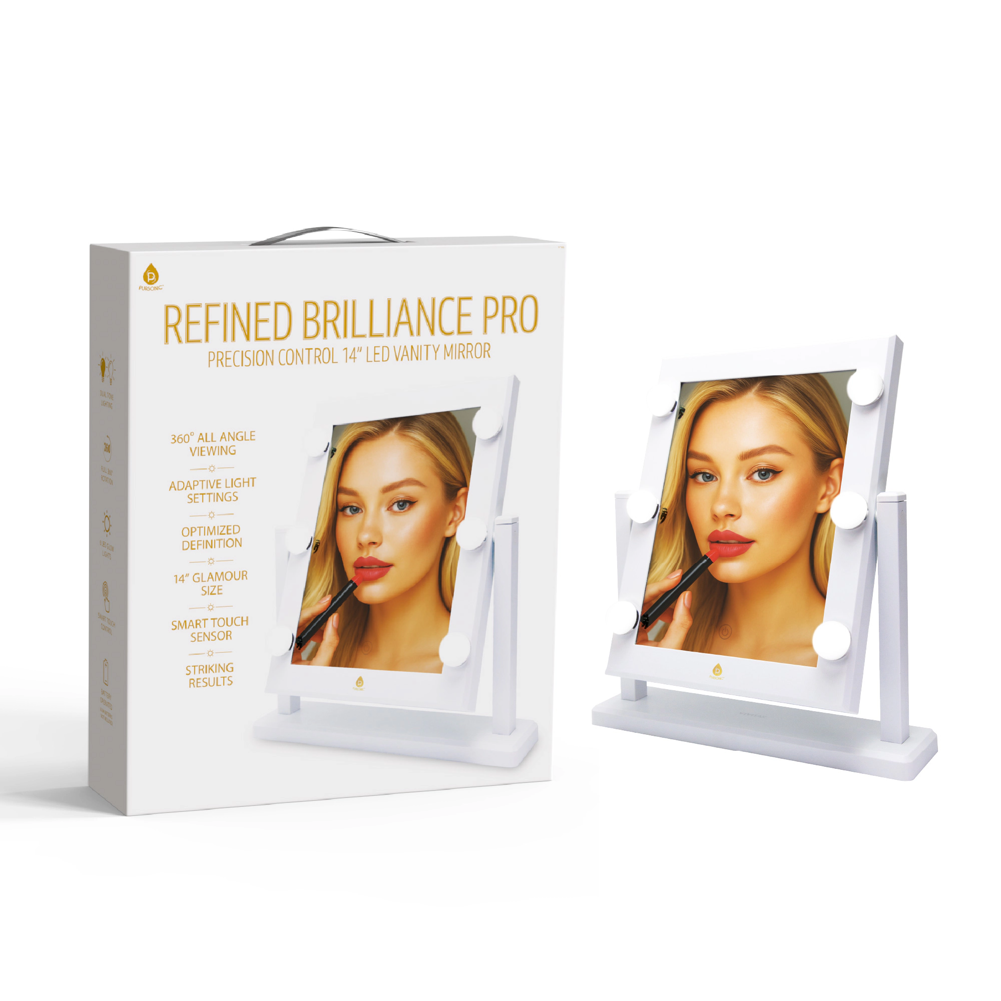 Pursonic Women’s Lighted Makeup Mirror: 14" LED Hollywood Glam Mirror – Refined Brilliance Pro Lighted Makeup Mirror