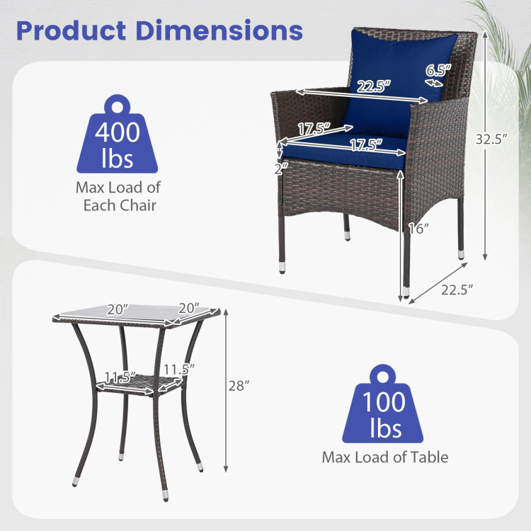 Hivvago 3-Piece Patio Furniture Set Rattan Bistro Chairs With 2-Tier Tempered Glass Side Table