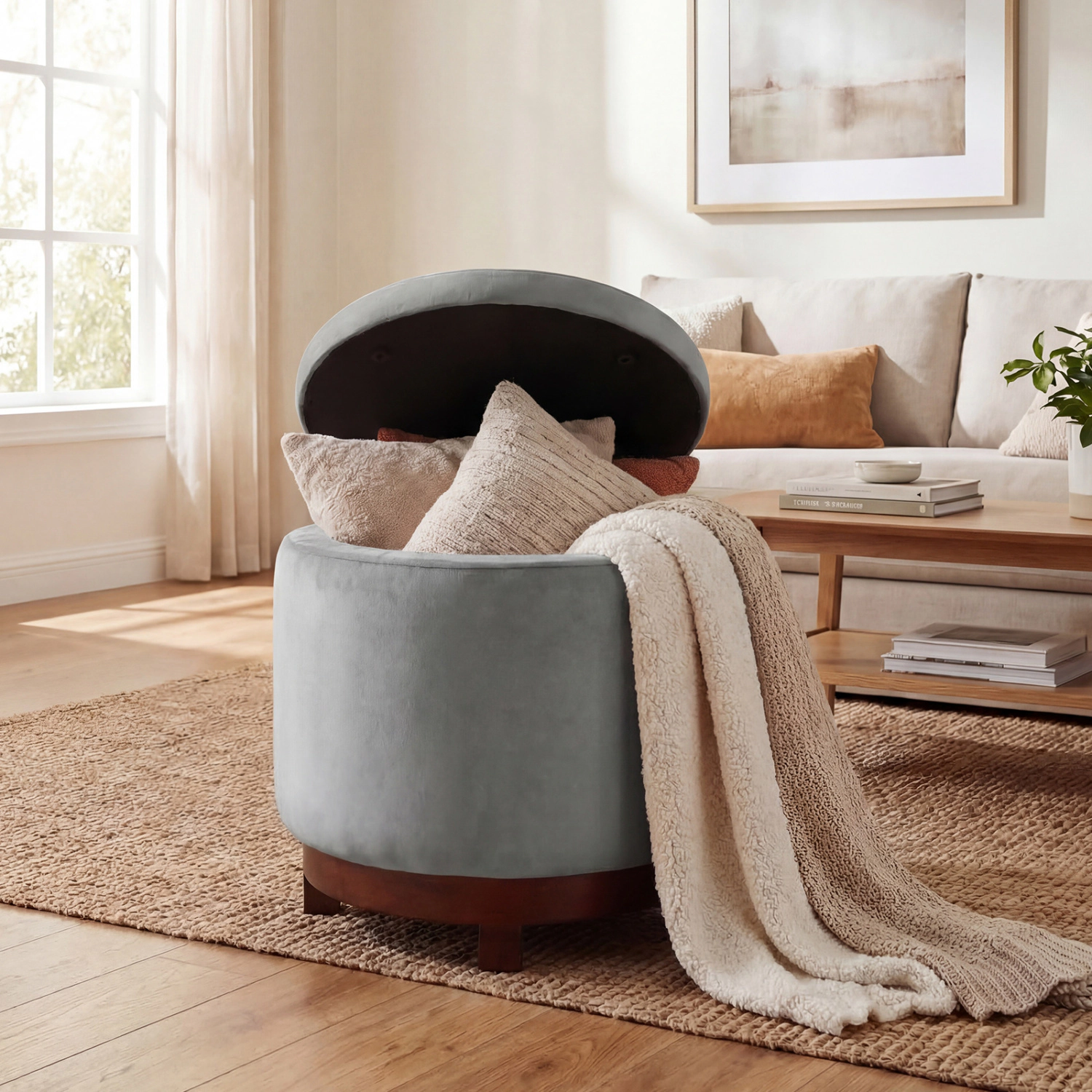 LJG 360° Swivel Velvet Foot Rest with Hidden Storage for Living Room