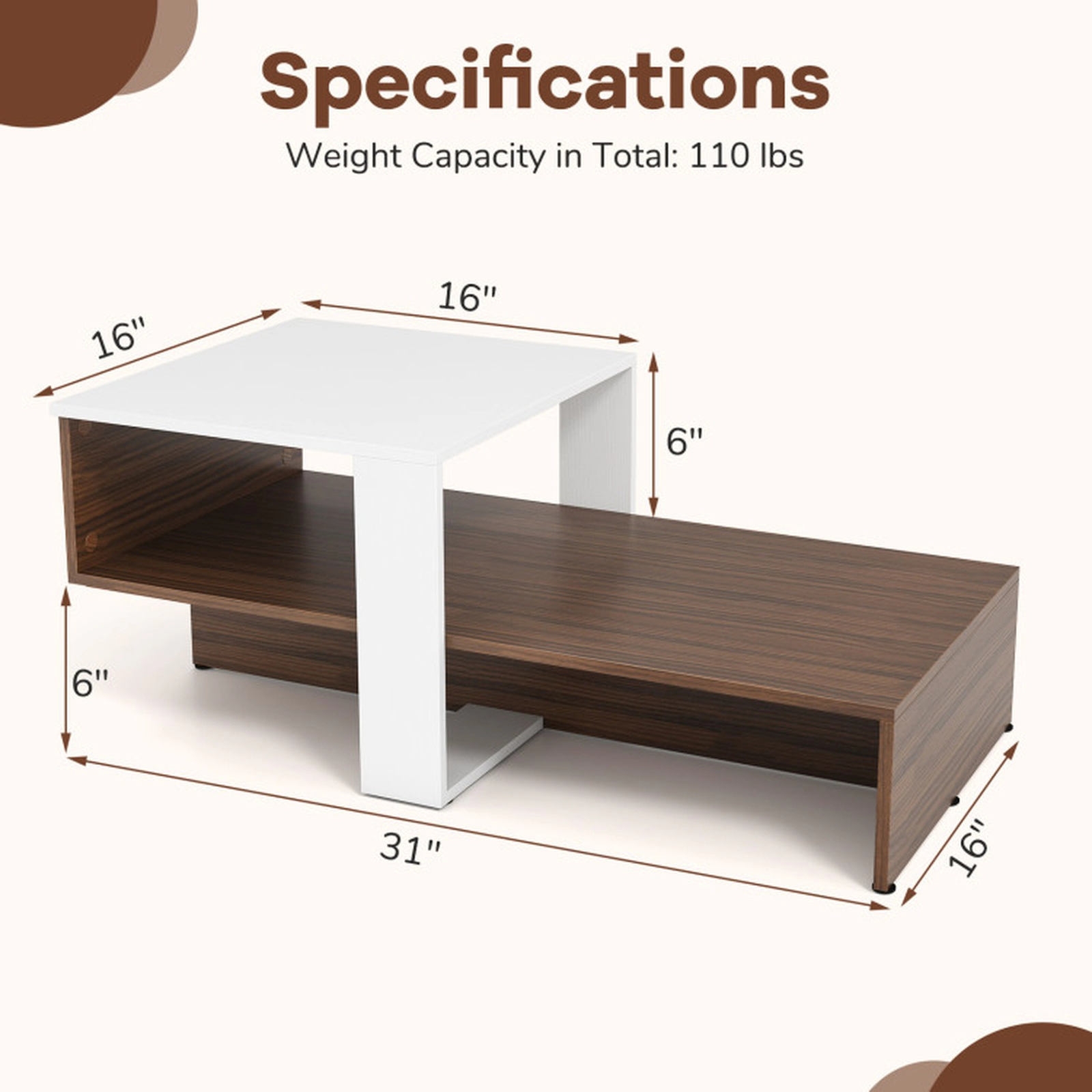 SUGIFT 2-Tier Geometric Interlocking Storage Shelf Brown Base Coffee Table 31-in x 16-in x 13-in 110-lb Capacity White