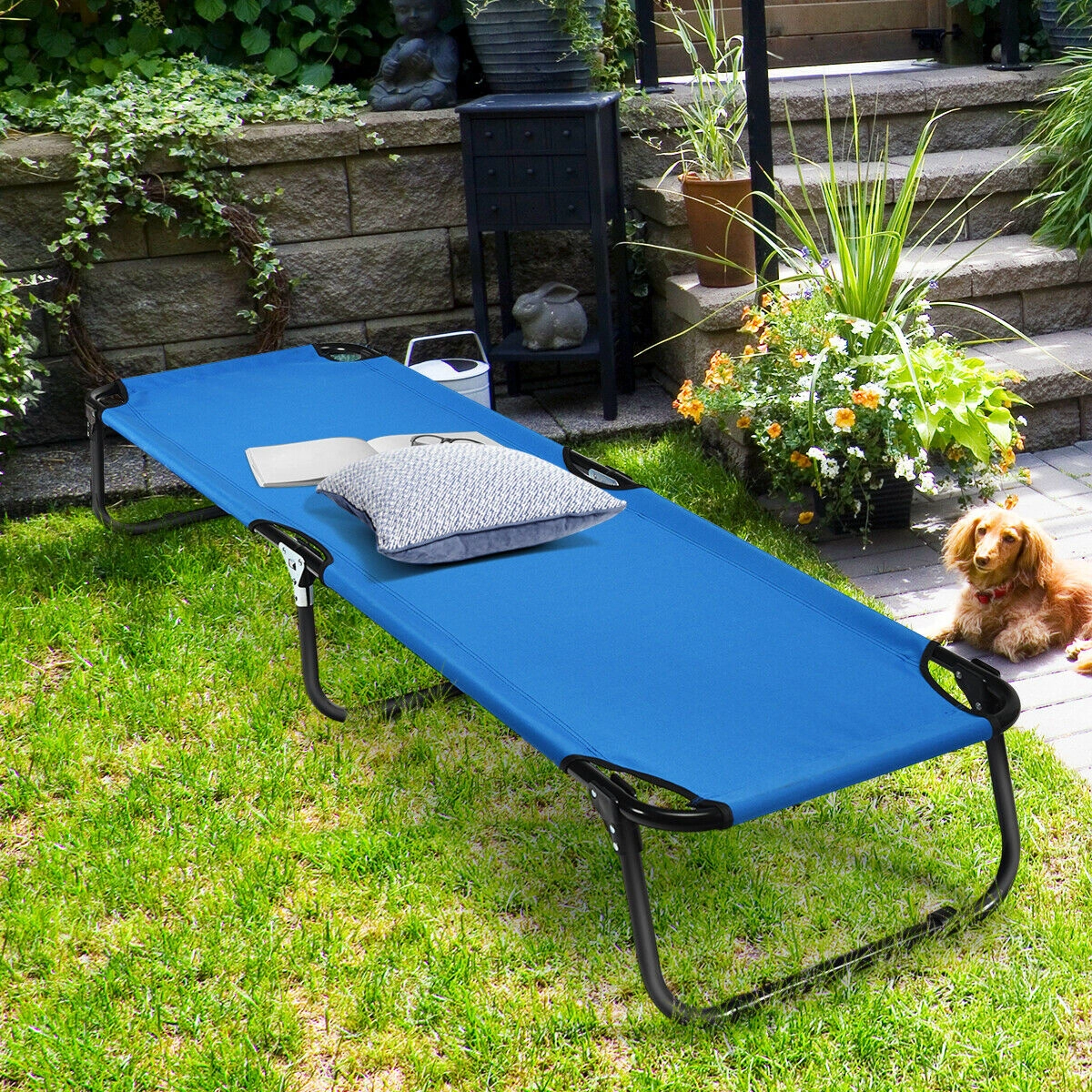SUGIFT Folding 75-in Camping Cot Portable Military-Style Sleeping Bed 330-lb Capacity Gray/Blue/Black