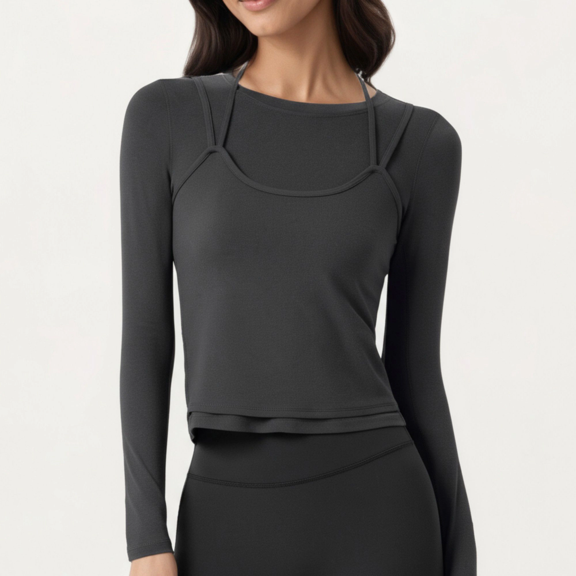Anna-Kaci Women's Long Sleeve Active Top with Layered Strap Detail Slim Contoured Fit and Modern Minimal Silhouette