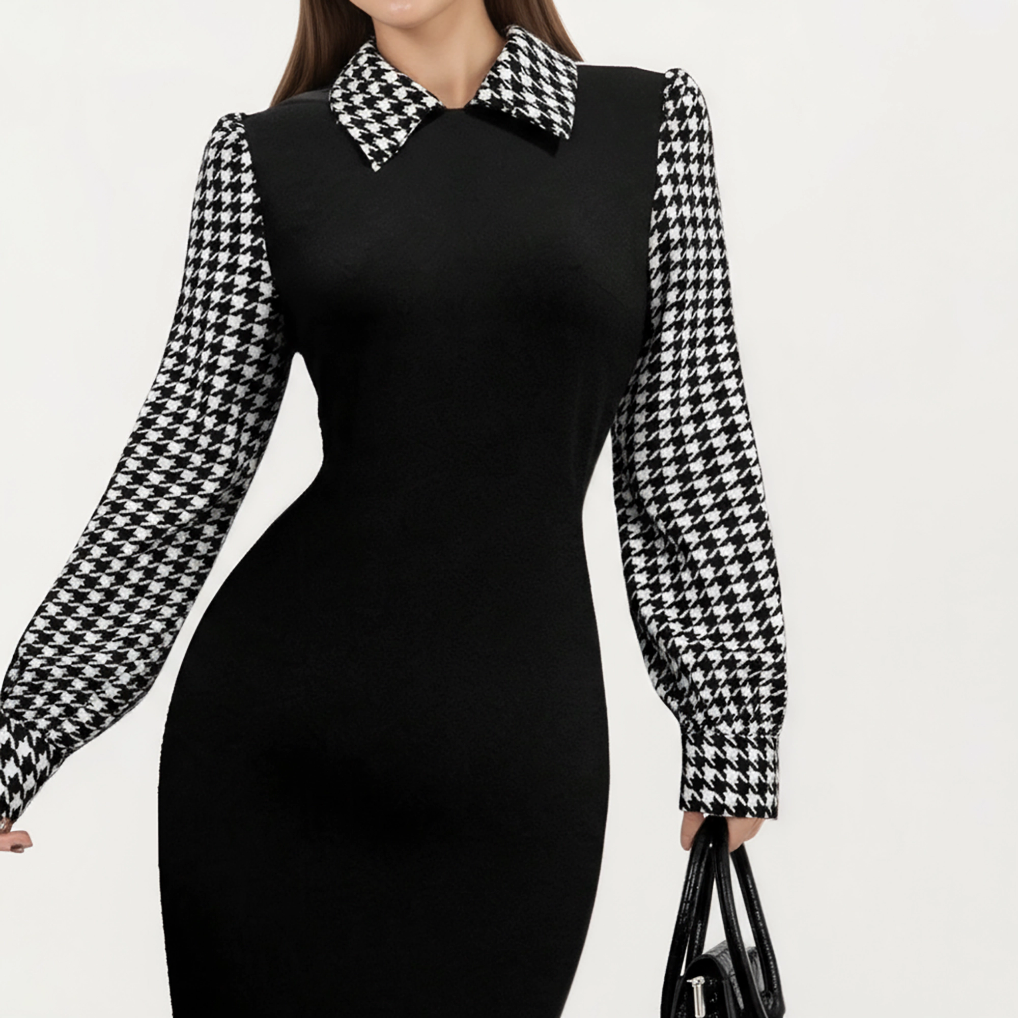 Anna-Kaci Women's Long Sleeve Houndstooth Collar Fitted Silhouette Contrast Maxi Dress