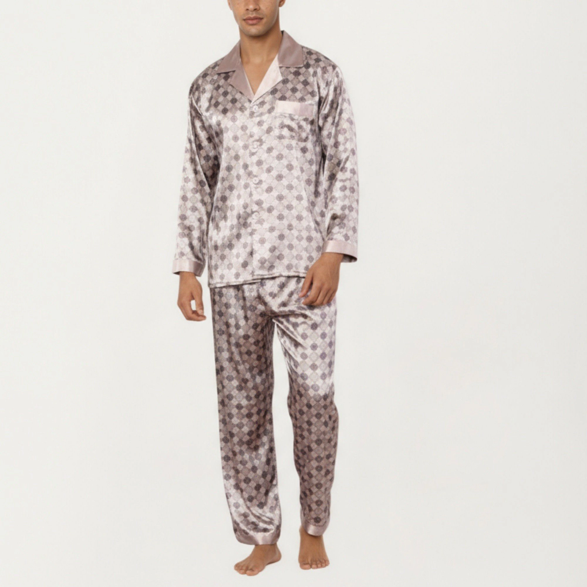 Anna-Kaci Men's 2-Piece Satin Pajamas with Geometric Check Print and Contrast Trim Details