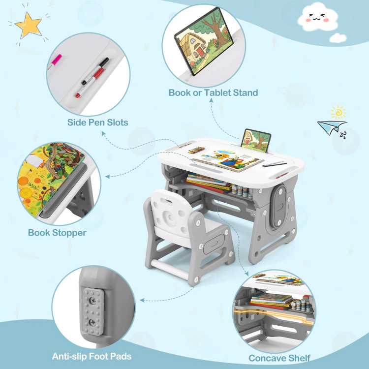 Hivvago Height Adjustable Kids Table And Chair Set With Tiltable Whiteboard And Concave Shelf