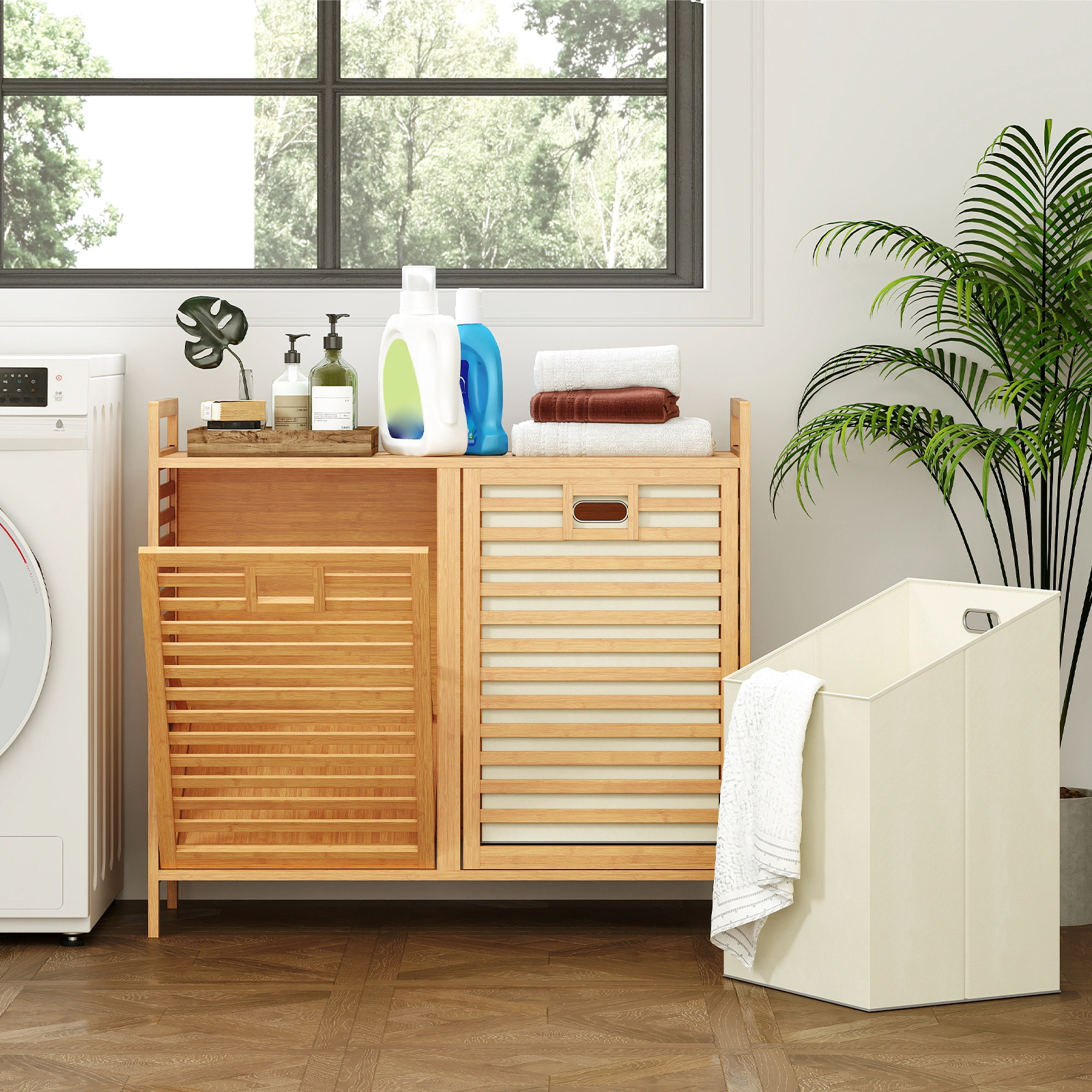 SUGIFT Natural Bamboo Double Tilt-Out Laundry Hamper with 2 Removable 10-gal Bins and Top Shelf