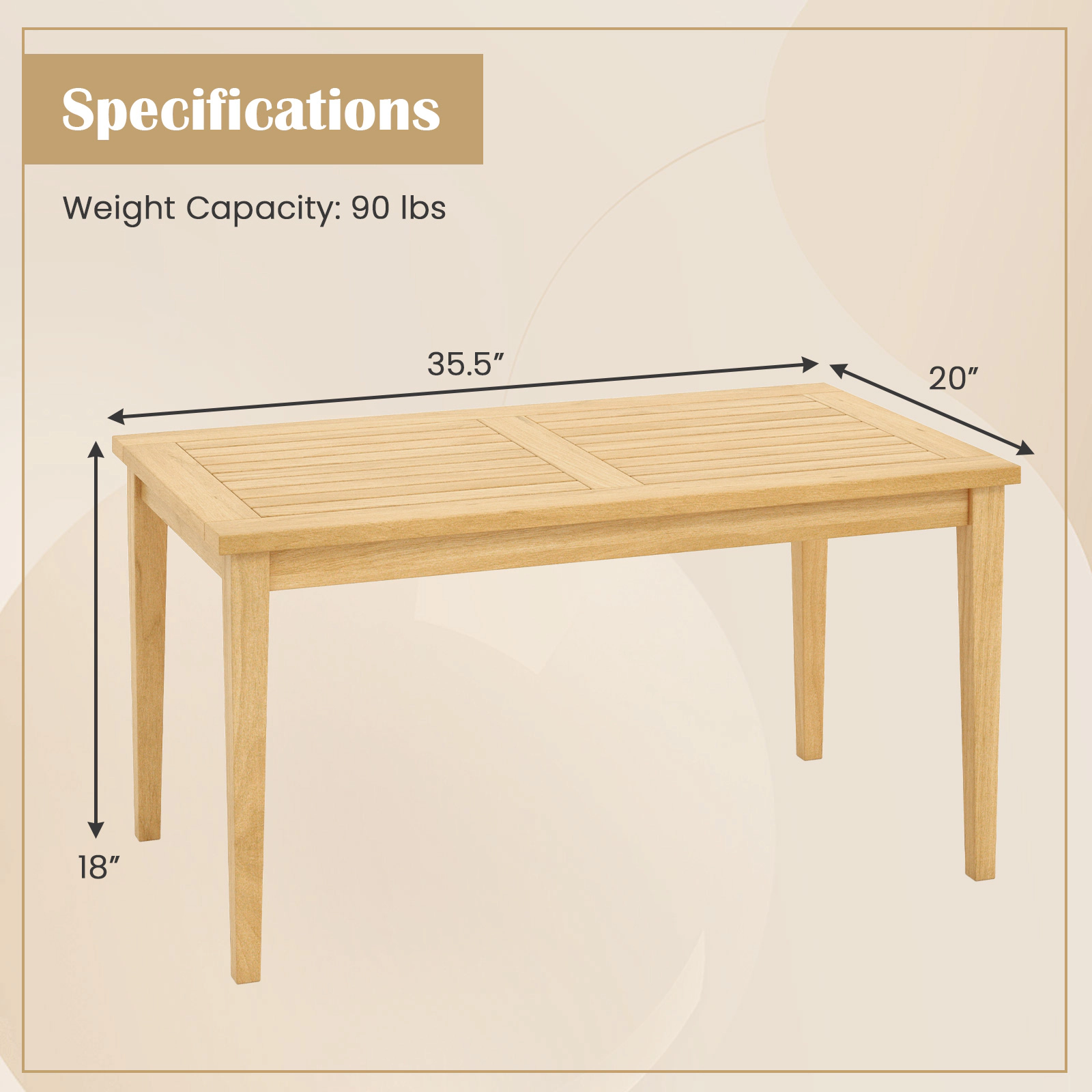SUGIFT Natural Teak Wood Slatted Outdoor Patio Coffee Table, 35.5 x 20 x 18 in