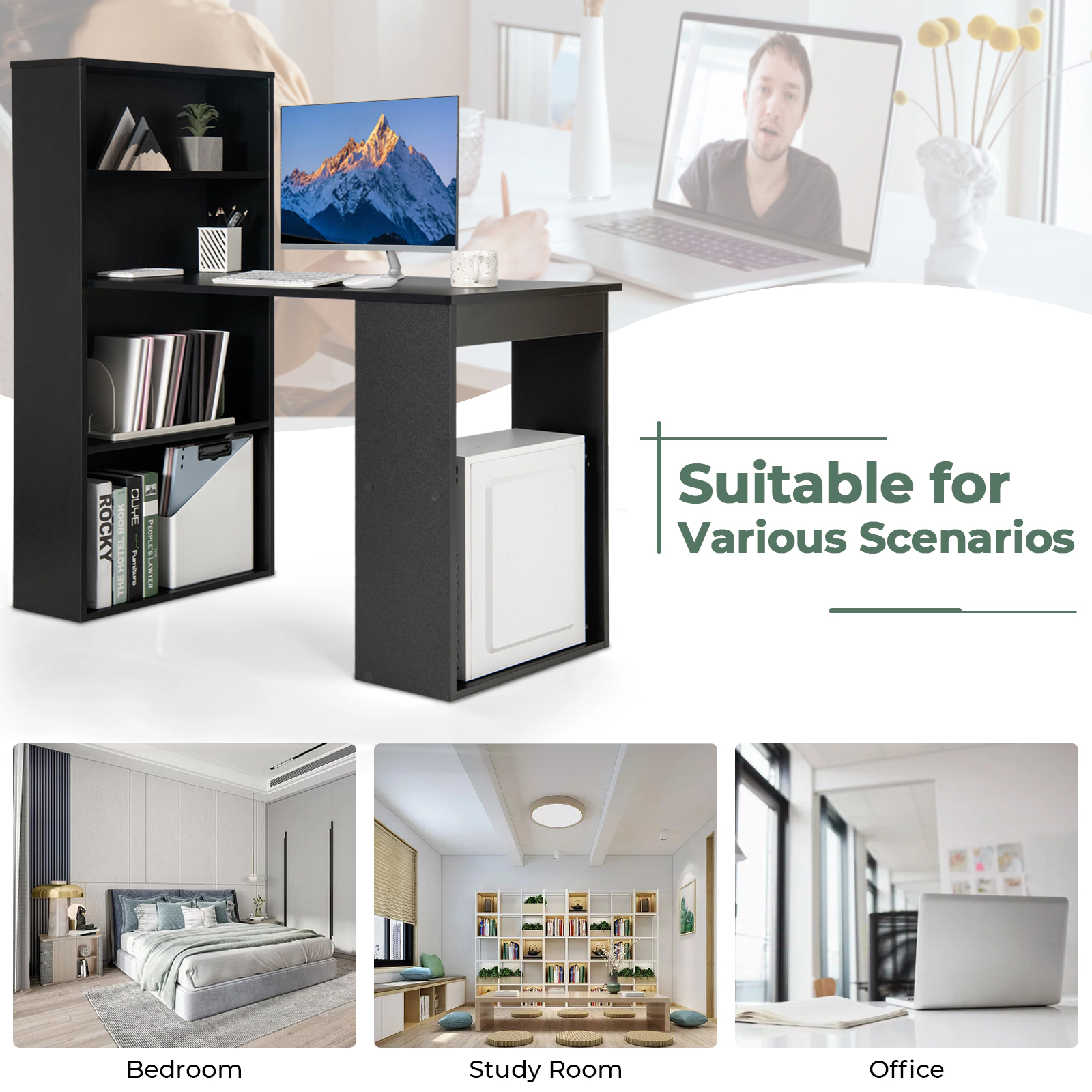 SUGIFT Computer Desk Writing Workstation with 6-Tier Storage Shelves 201-lb Tabletop Capacity Black