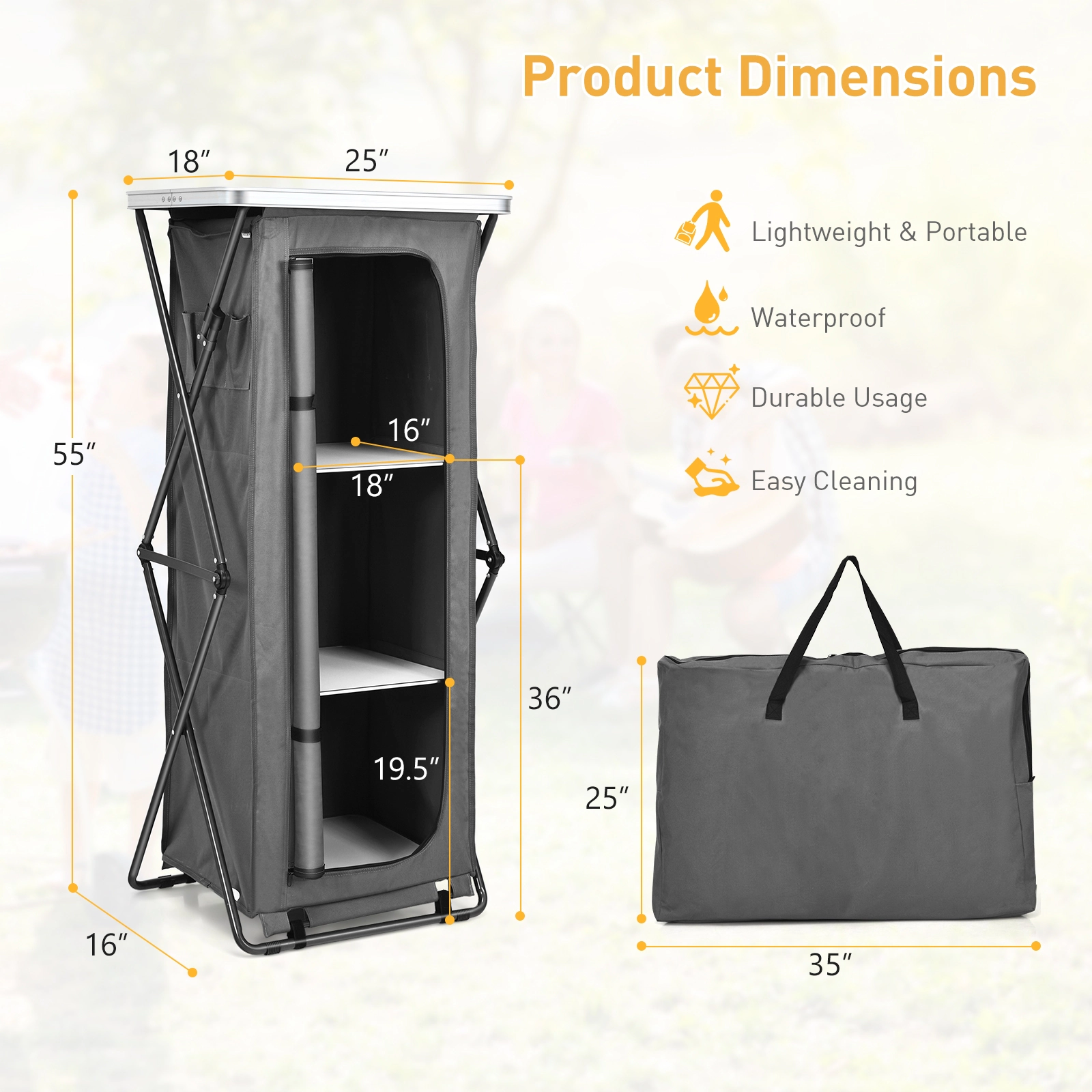 LJG Folding Camping Storage Cabinet with 3 Shelves and Carry Bag