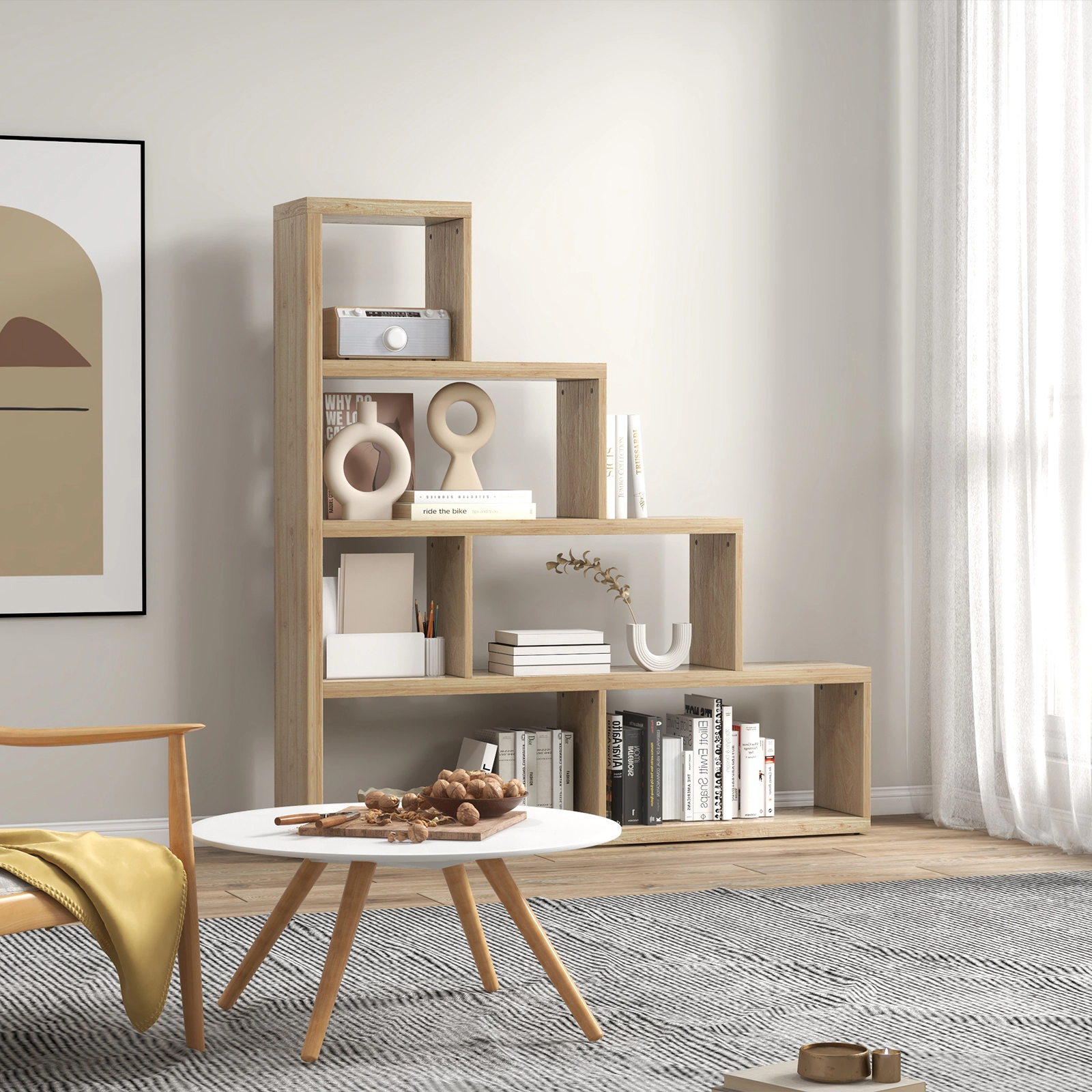 SUGIFT 4-Tier Geometric Stair Bookcase with 6 Open Cubes 400-lb Capacity Engineered Wood 60-in Tall Natural