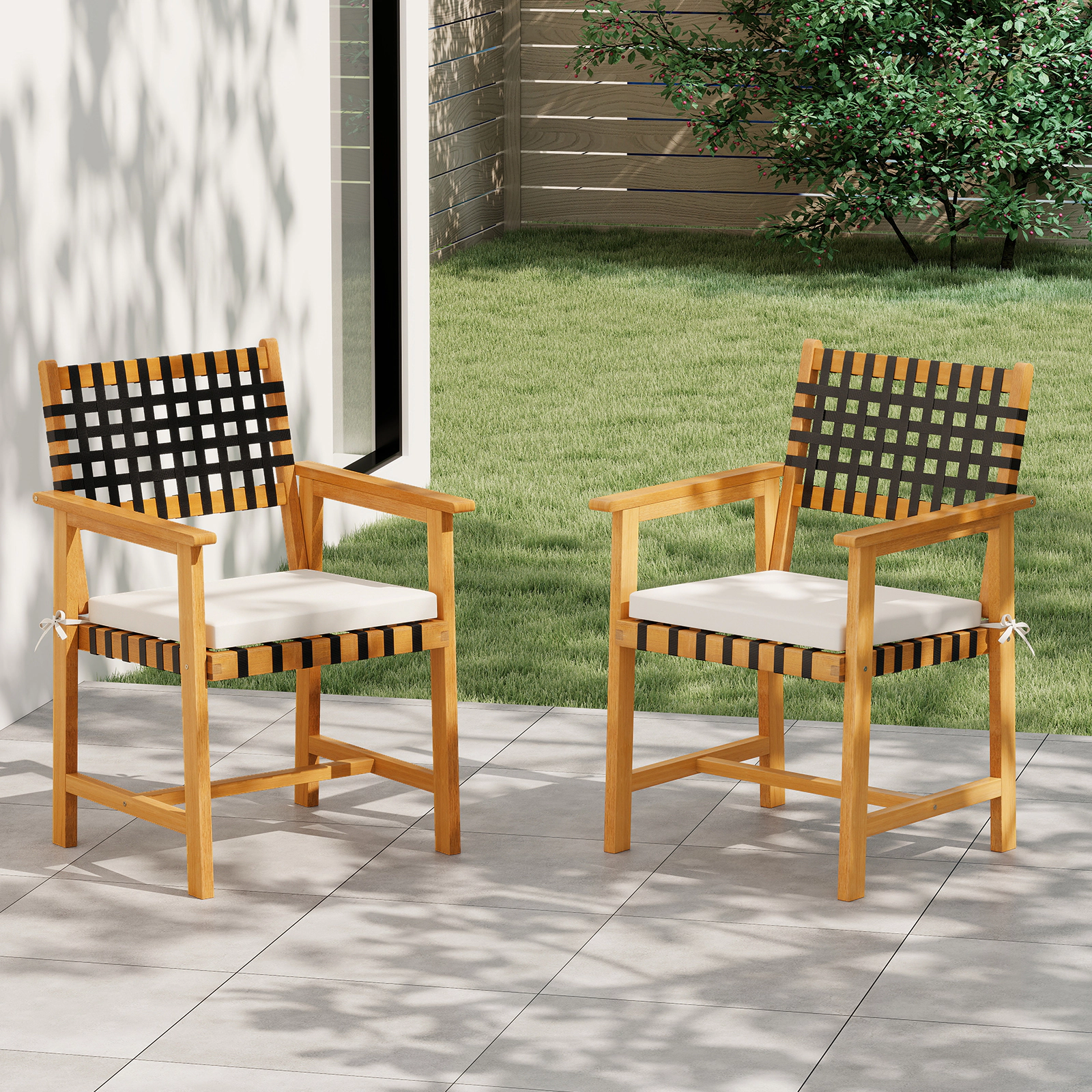 LJG Outdoor Wooden Dining Chair Set of 2 with Armrests and Curved Back