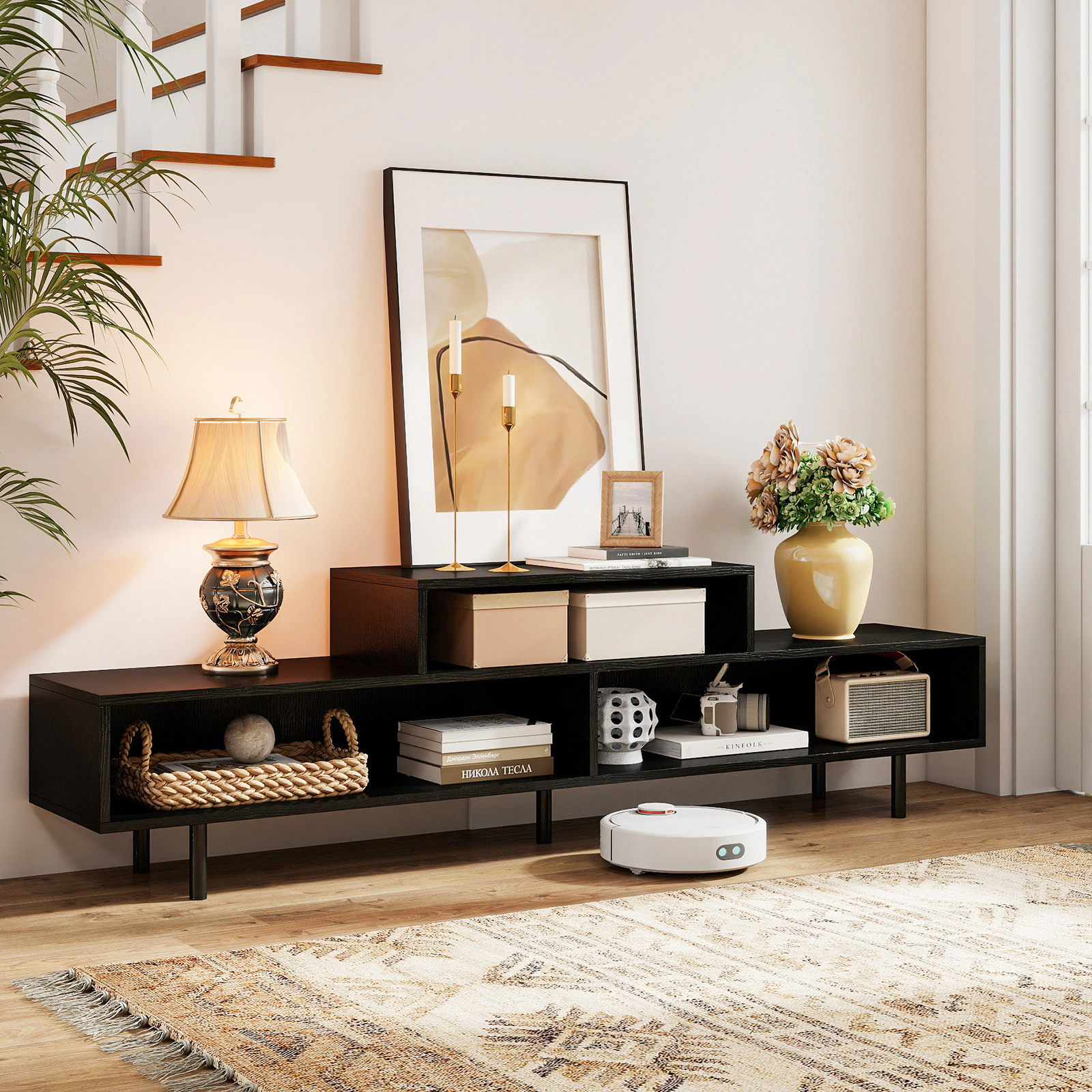 SUGIFT 63-In Black Woodgrain TV Stand for TVs up to 70 Inches