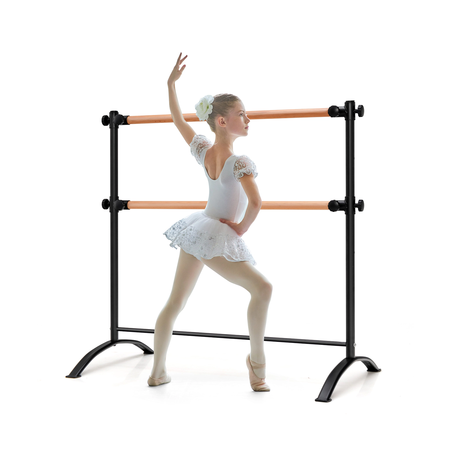 SUGIFT 4-Foot Portable Freestanding Double Ballet Barre 110-lb Capacity Adjustable 47.5-in Frame Yoga Kit Black