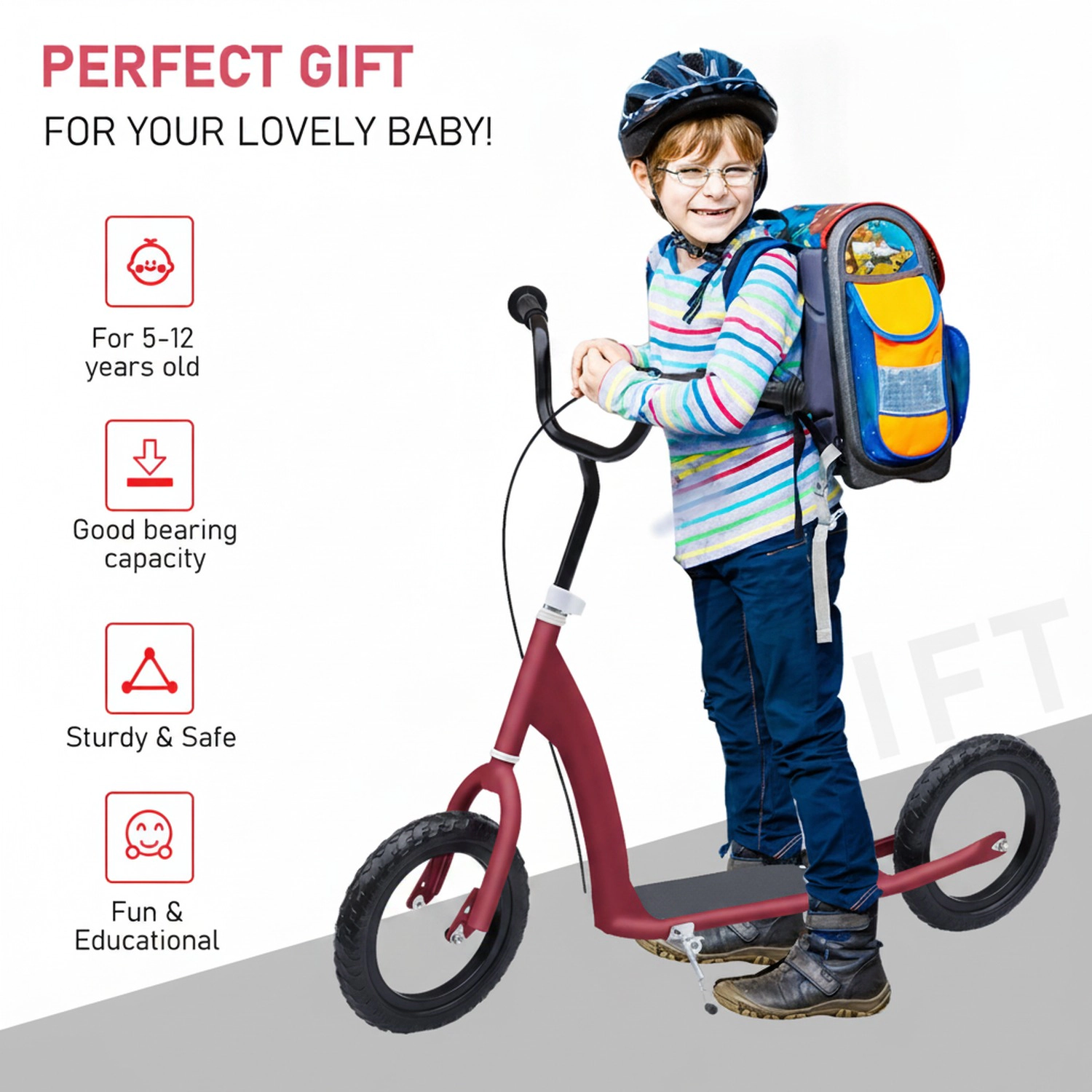 HONGGE Kick Scooter for Kids 5-12 Years Old with Adjustable Height Handlebar Non-slip Footplate Big Wheels Rear Brake