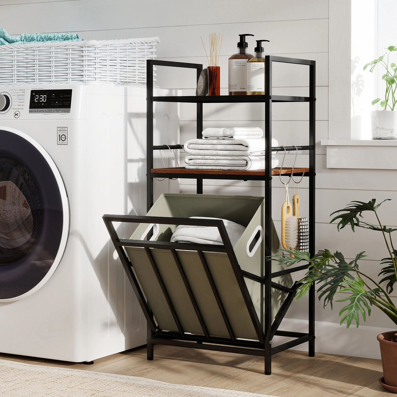 SUGIFT 2 Tier Laundry Hamper Black with Tilt-Out Basket Mesh Shelf and 4 Hooks