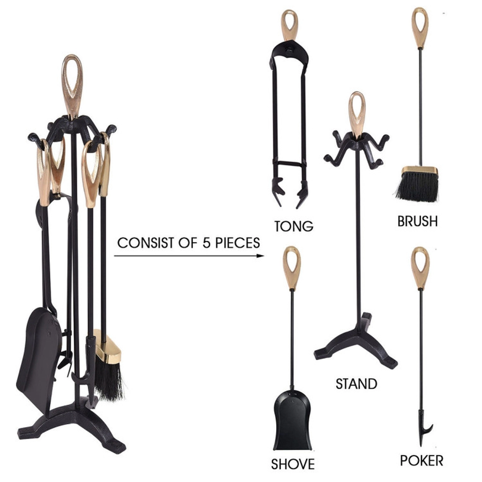 SUGIFT 5-Piece Gold and Black Iron Fireplace Tool Set with 25-Inch Loop-Top Stand