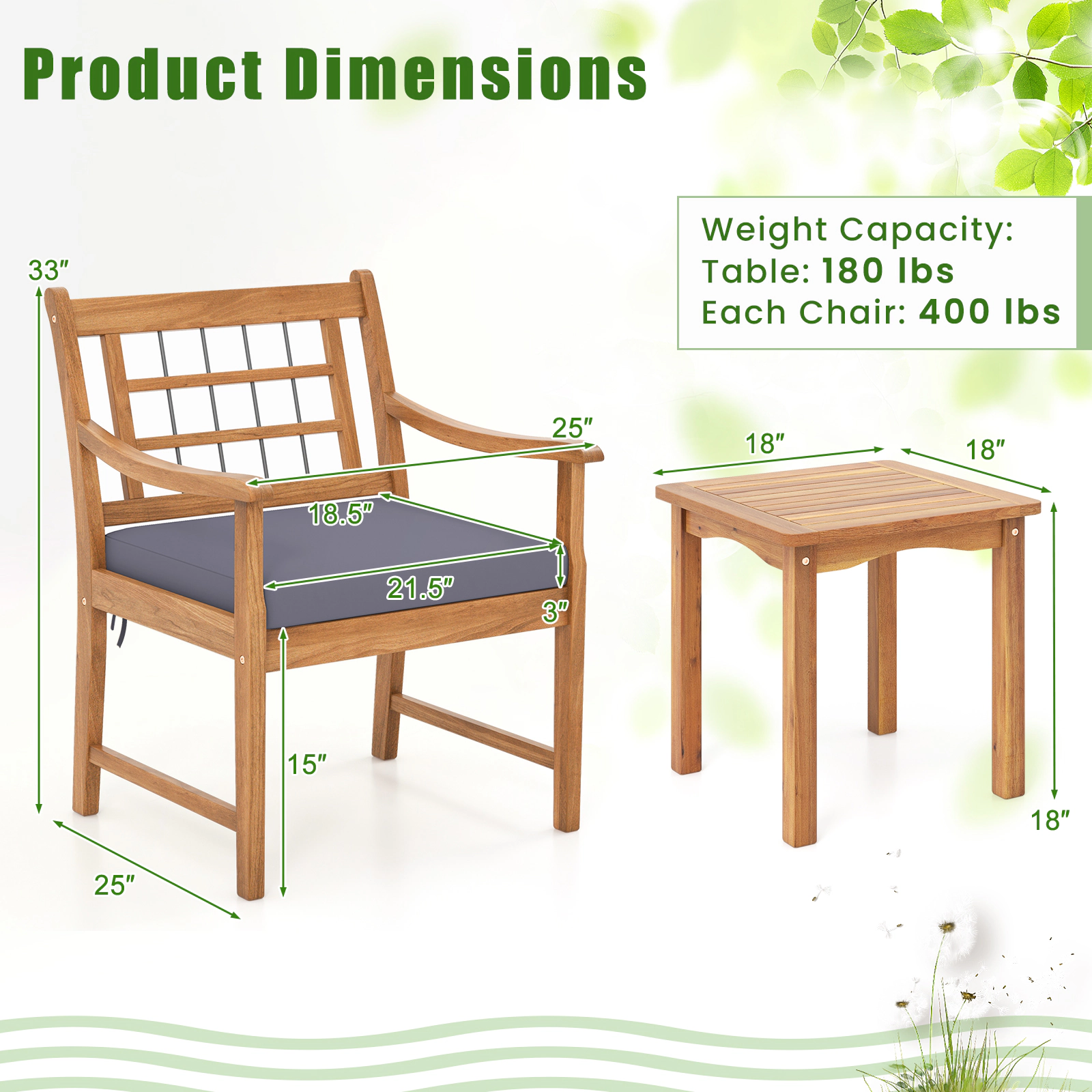 SUGIFT Patio Conversation Set with Seat Cushions 400-lb Chairs 180-lb Table White Gray Navy Cushions Natural Frame