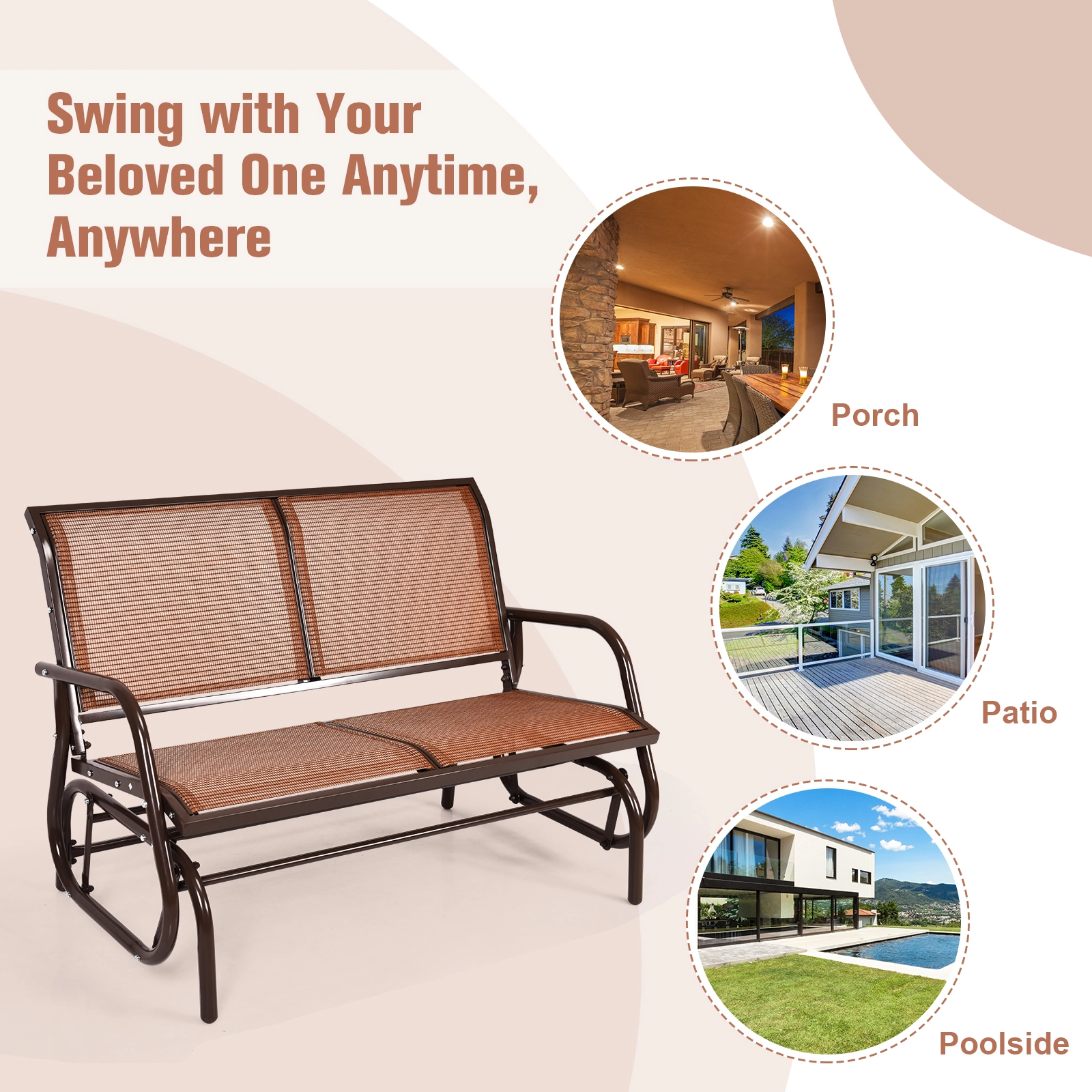 SUGIFT Brown Steel Frame 48-in Swing Glider Loveseat Rocker Lounge Bench