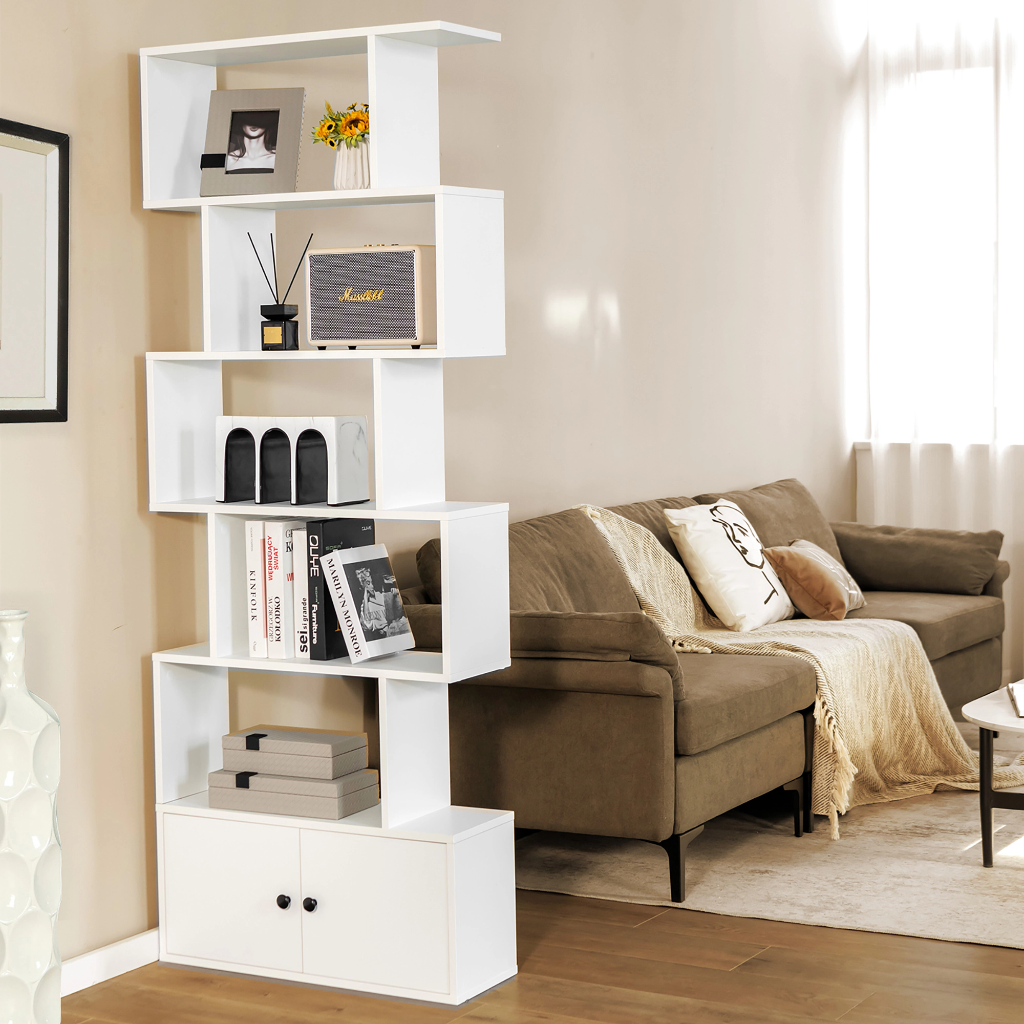 Costway Bookshelf with Cabinet 6-Tier S-Shaped Bookcase Storage Rack White