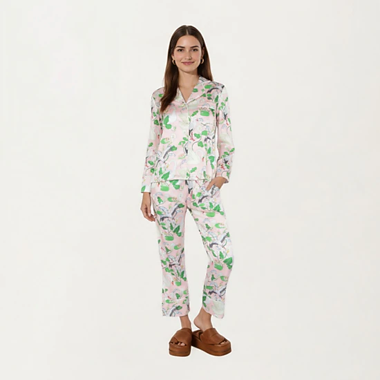 Anna-Kaci Women's 2-Piece Long Sleeve Button Front Pajama Set with Crane Print and Soft Silky Fabric for Relaxed Comfort