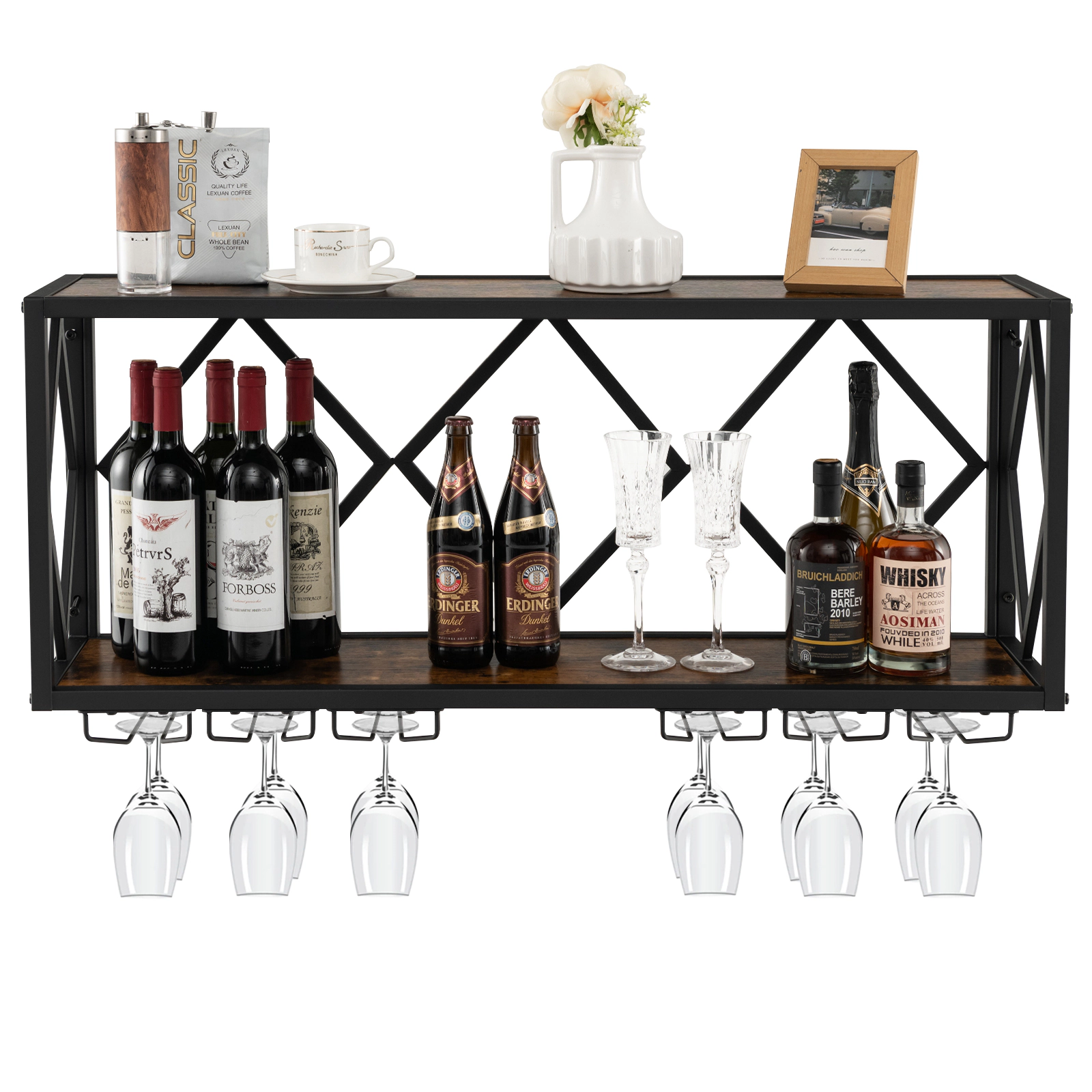 SUGIFT 39.5-in Wall Mounted Wine Rack for 39 Bottles and 12 Glasses with Metal Bar Shelf and Stemware Holder