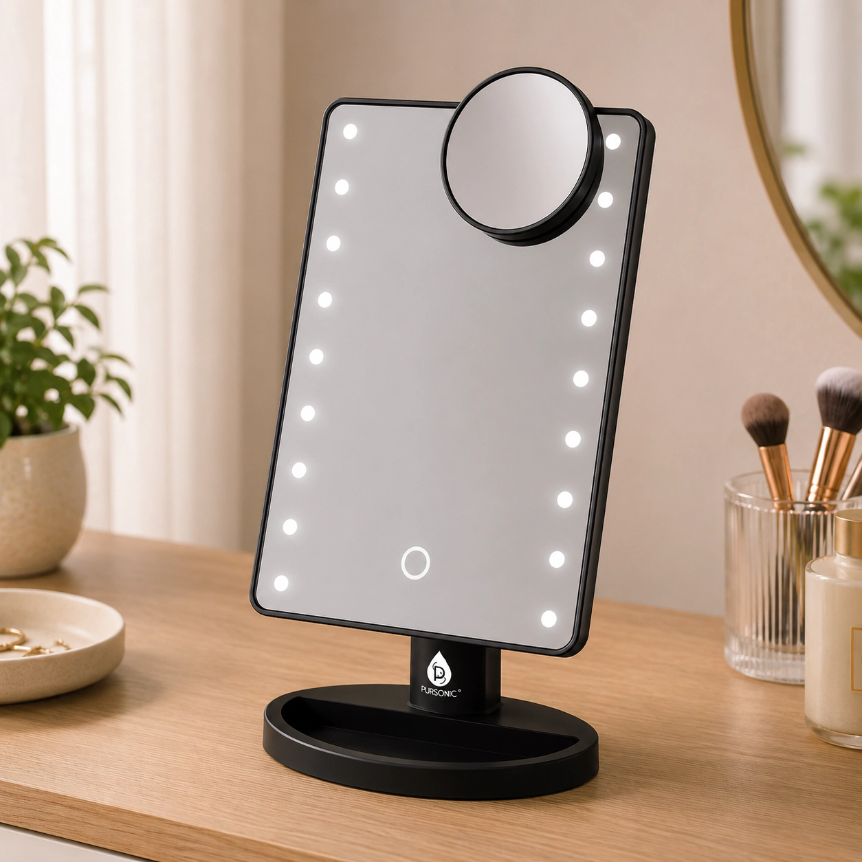 Pursonic Unisex LED Vanity Makeup Mirror Bundle: 16 LED Lights, Touch Dimming & 5X Magnification