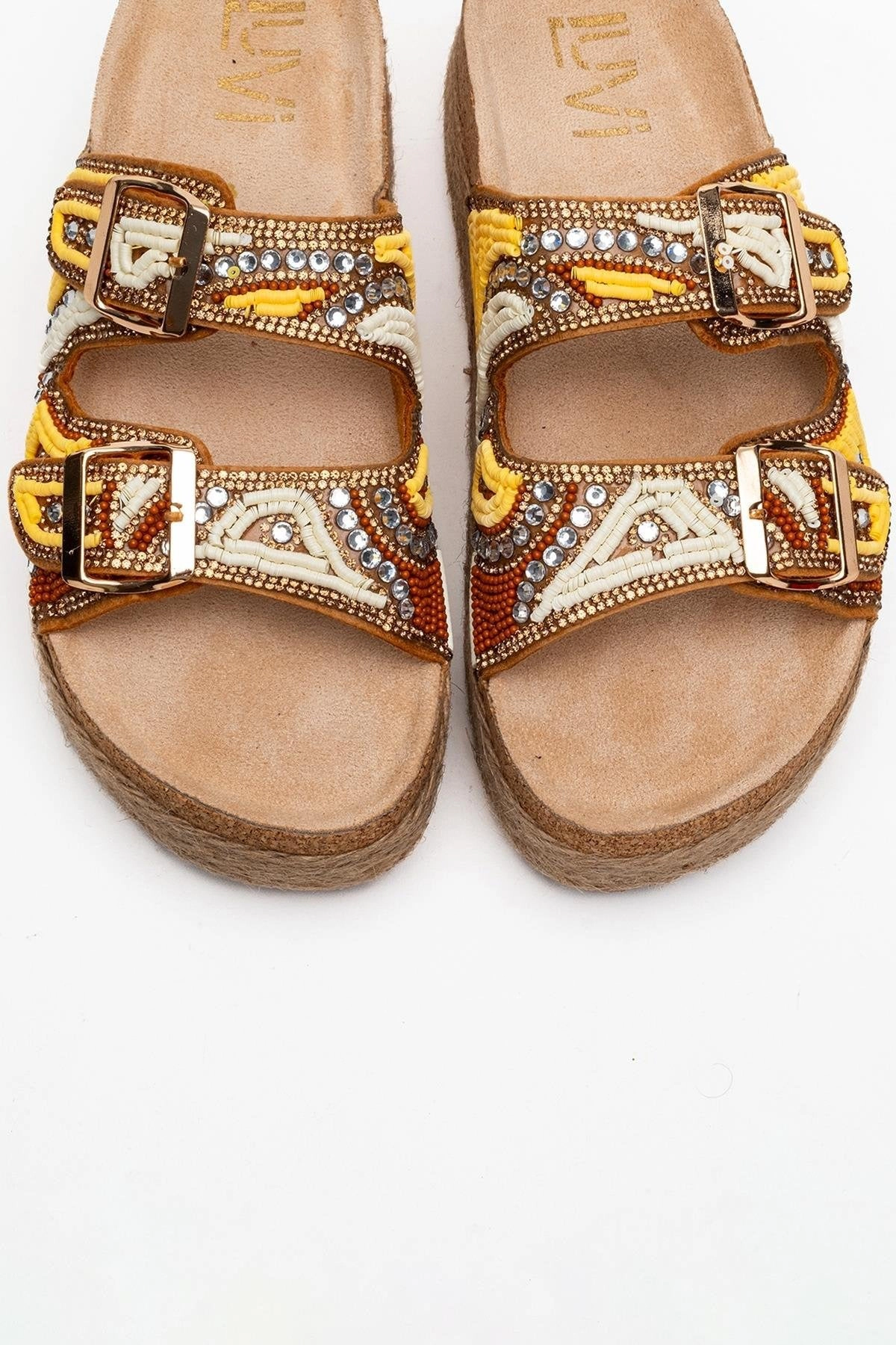 Prologue Shoes Womens Bobby Beaded Straw Platform Slide Sandal