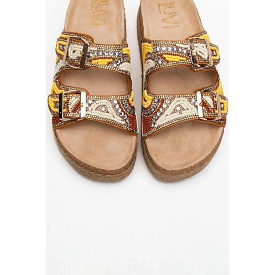 Prologue Shoes Womens Bobby Beaded Straw Platform Slide Sandal