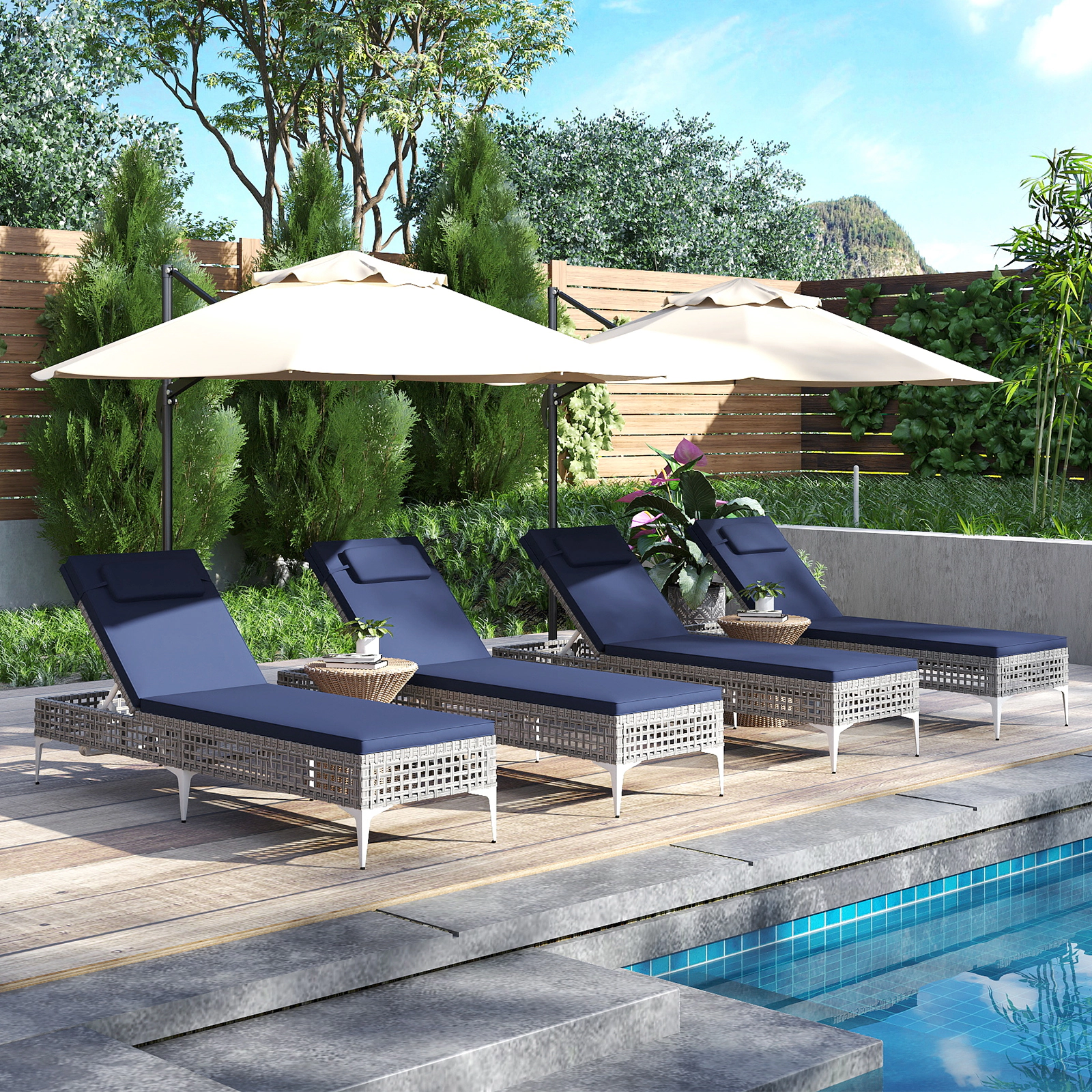 SUGIFT Headrest Mixed Gray Wicker 400-lb Navy Patio Chaise Lounge Chair 6-Level Backrest