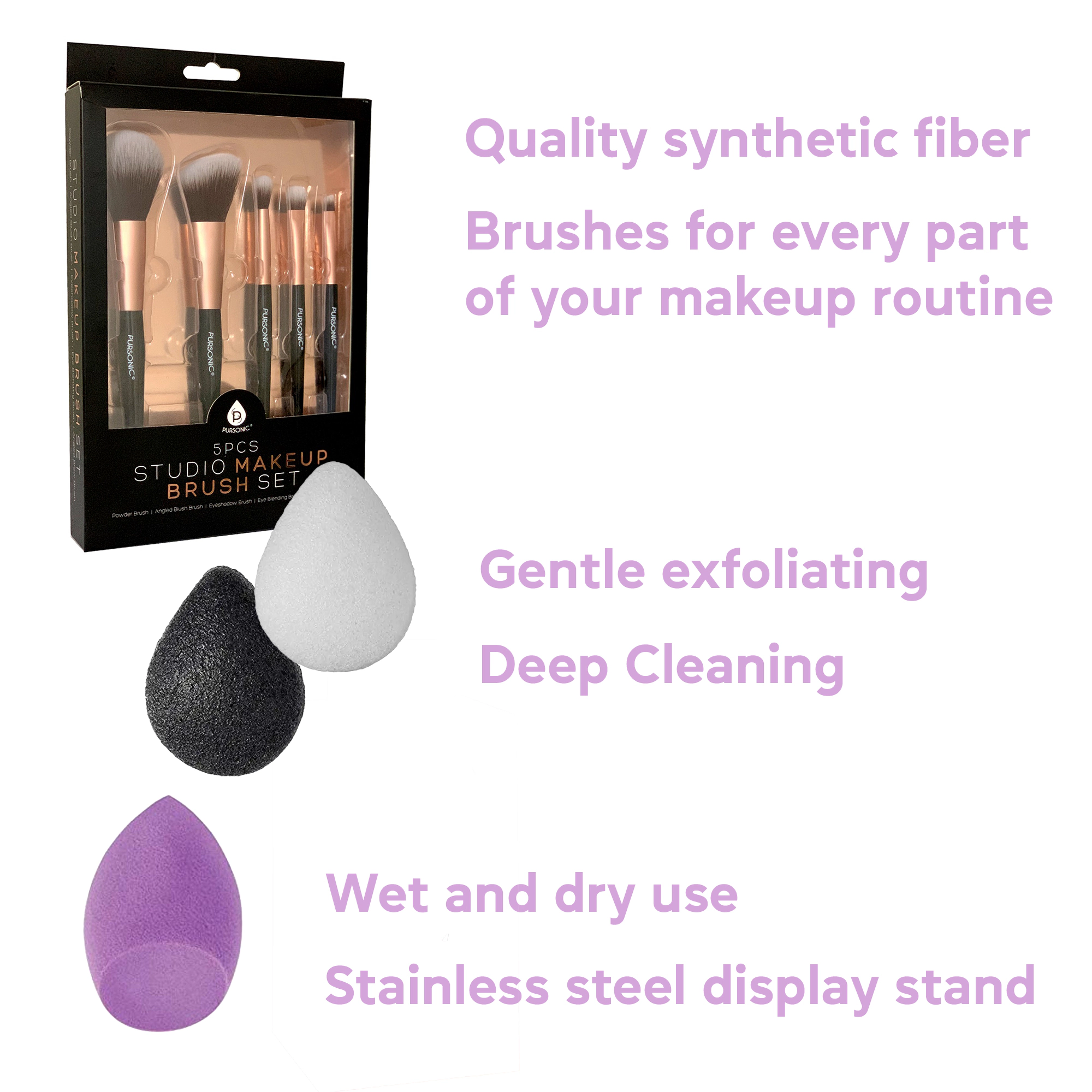 Pursonic Women's Beauty Essentials Bundle: Facial Makeup Blender Sponge, Konjac Facial Sponge Duo Set & 5-Piece Studio Makeup Brush Set