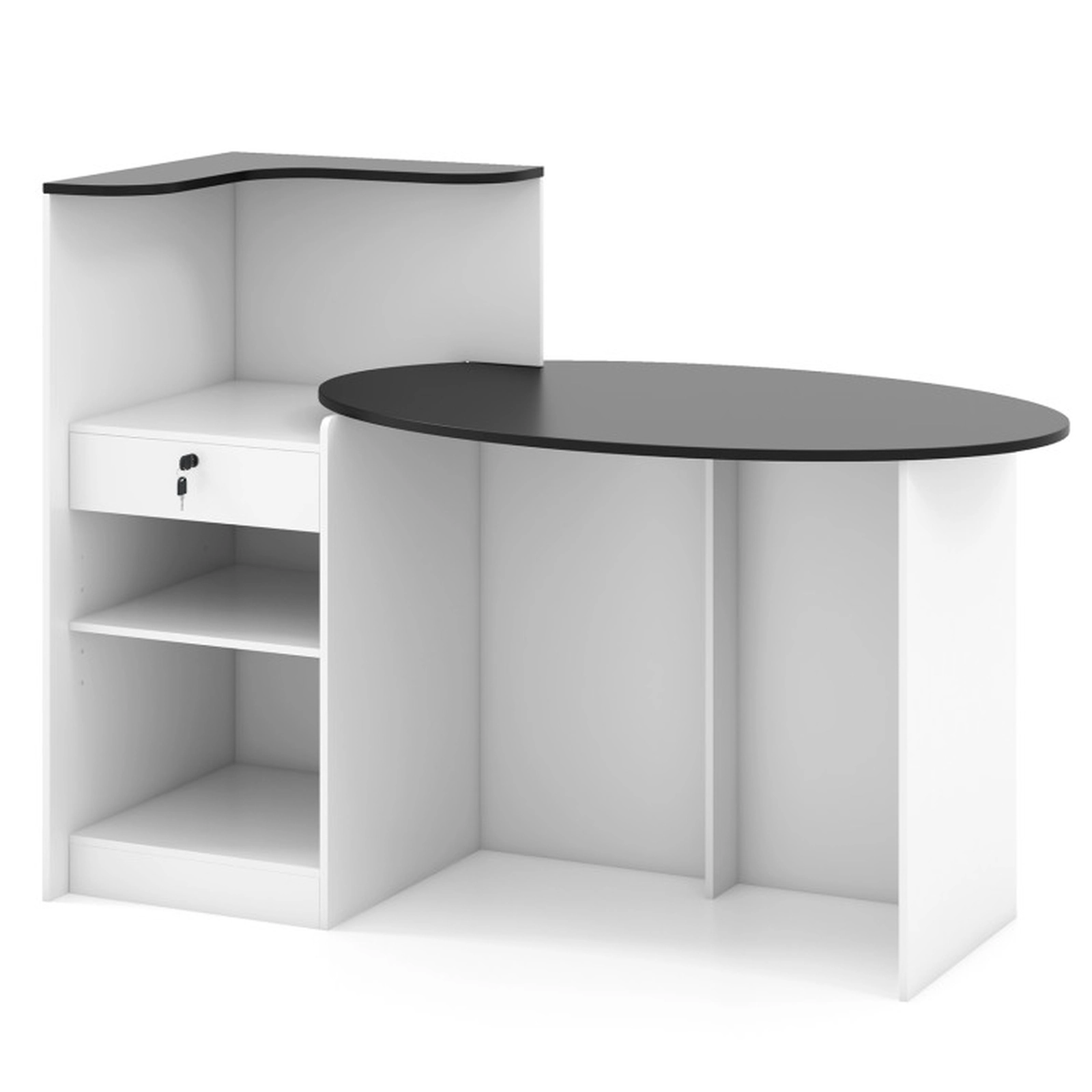SUGIFT 54-Inch Black Reception Desk with Oval Counter, Lockable Drawer and Corner Shelf